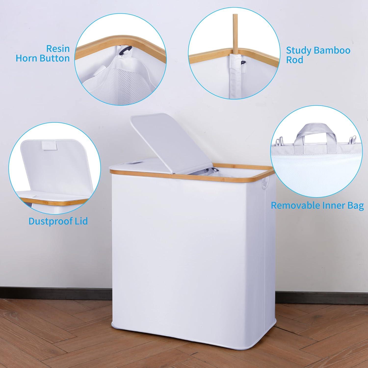 imageefluky Laundry Hamper with Lid Double Laundry Hamper with 2 Removable Bags 2 Section Laundry Basket with Bamboo Handles for Bathroom Bedroom amp Laundry Room 140L 369 Gallon BeigeWhite