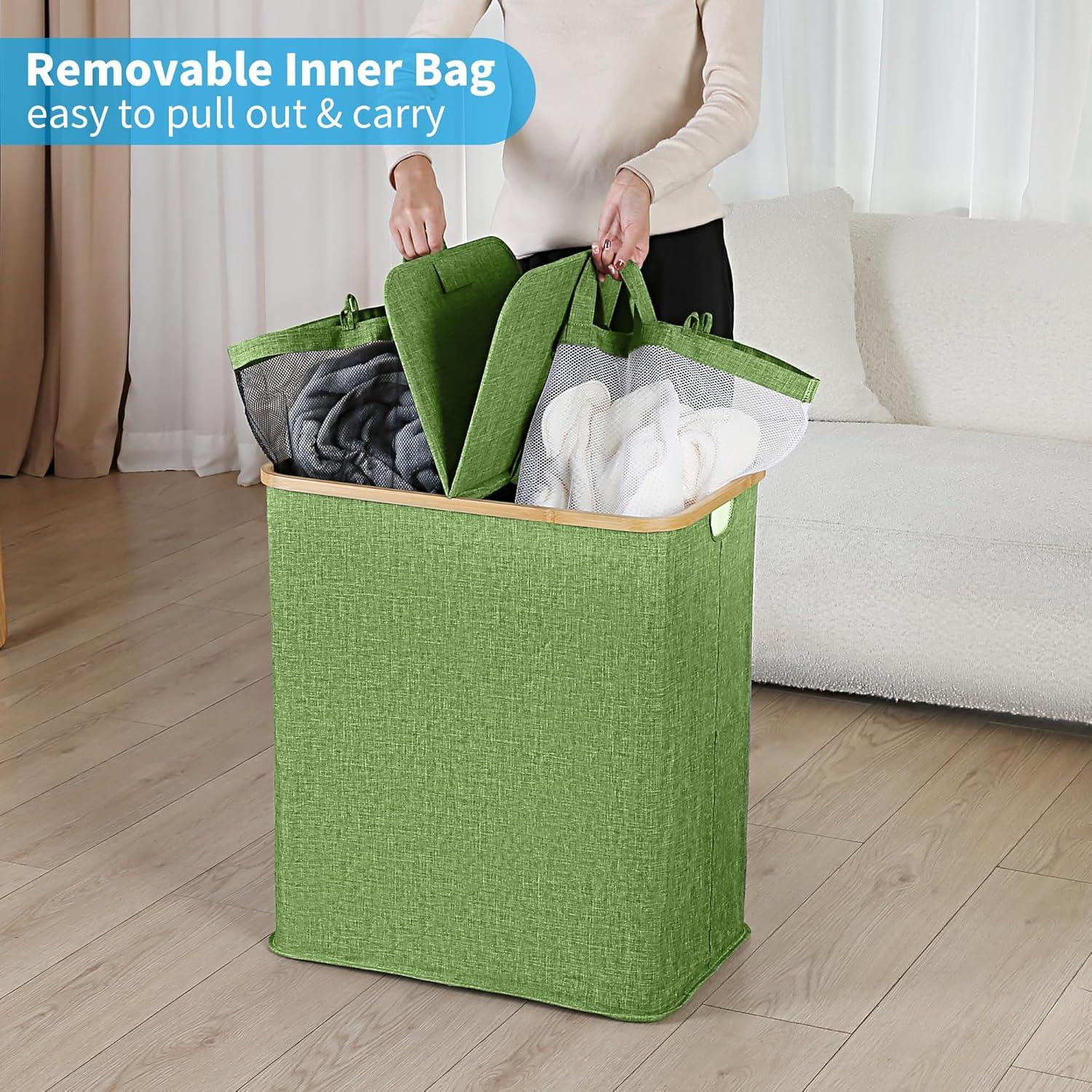 imageefluky Laundry Hamper with Lid Double Laundry Hamper with 2 Removable Bags 2 Section Laundry Basket with Bamboo Handles for Bathroom Bedroom amp Laundry Room 140L 369 Gallon BeigeGreen