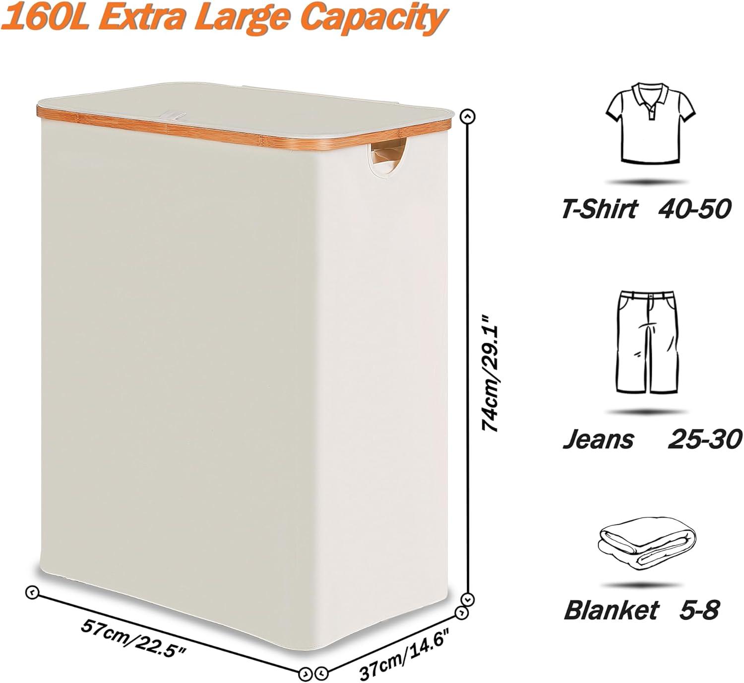 imageefluky Laundry Hamper with Lid Double Laundry Hamper with 2 Removable Bags 2 Section Laundry Basket with Bamboo Handles for Bathroom Bedroom amp Laundry Room 140L 369 Gallon BeigeBeige