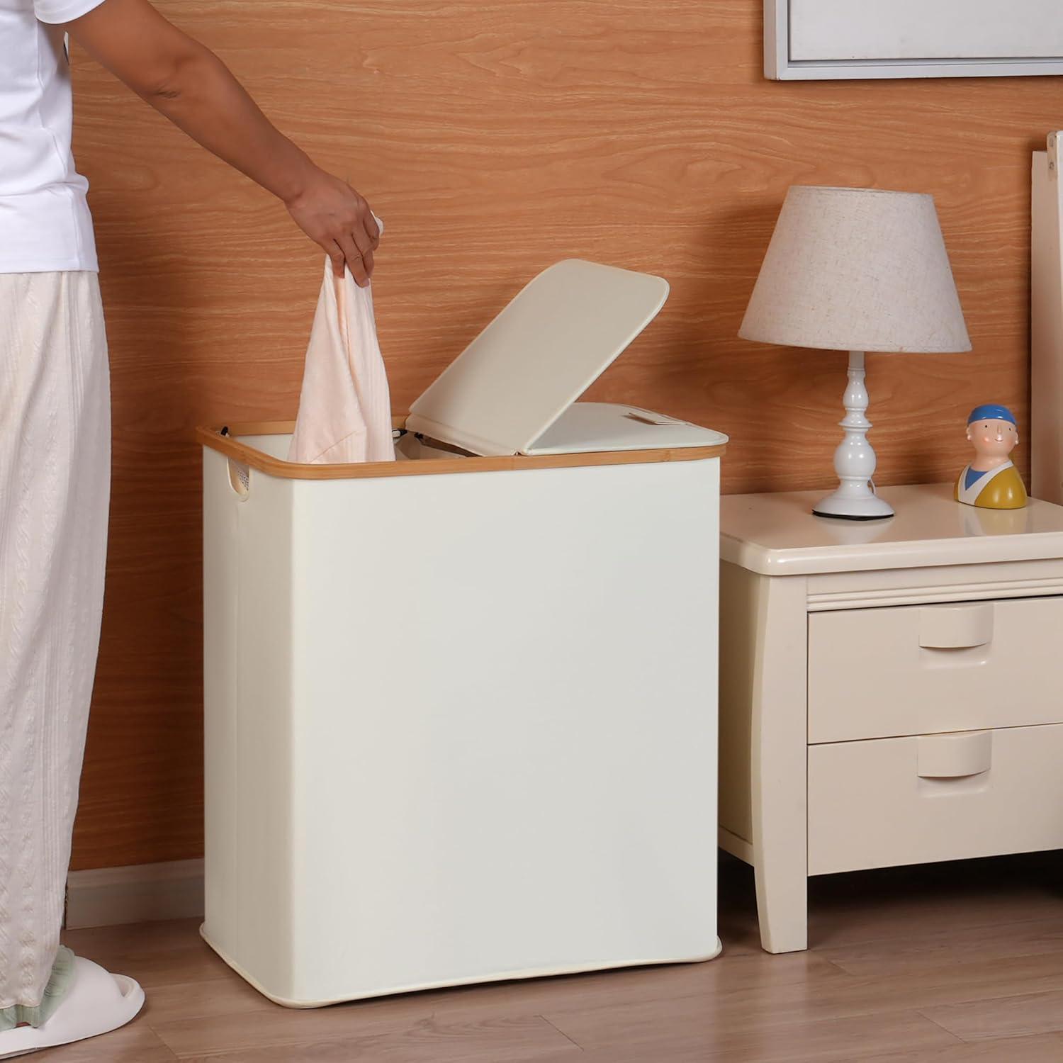 imageefluky Laundry Hamper with Lid Double Laundry Hamper with 2 Removable Bags 2 Section Laundry Basket with Bamboo Handles for Bathroom Bedroom amp Laundry Room 140L 369 Gallon BeigeBeige