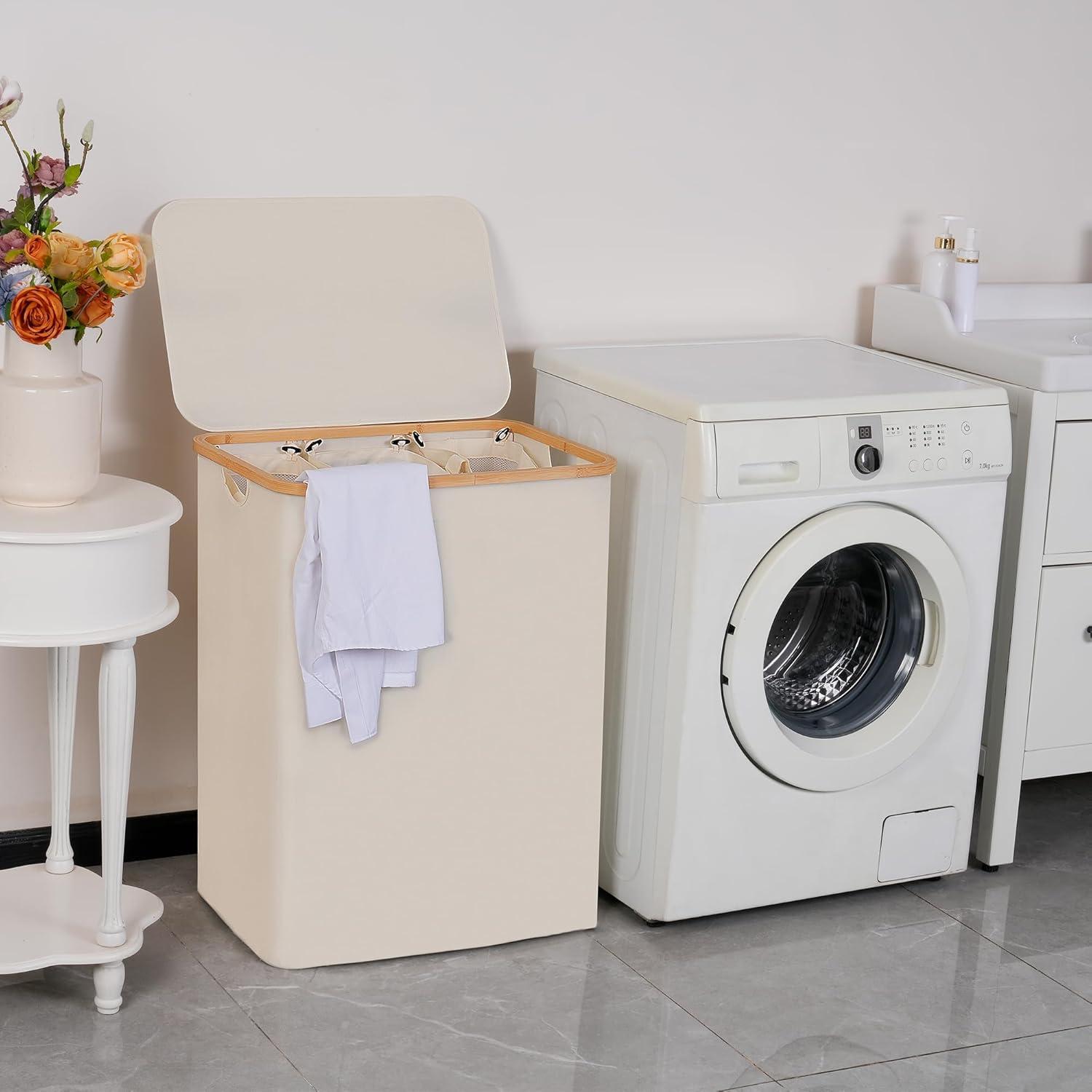 imageefluky Laundry Hamper with Lid Double Laundry Hamper with 2 Removable Bags 2 Section Laundry Basket with Bamboo Handles for Bathroom Bedroom amp Laundry Room 140L 369 Gallon BeigeBeige