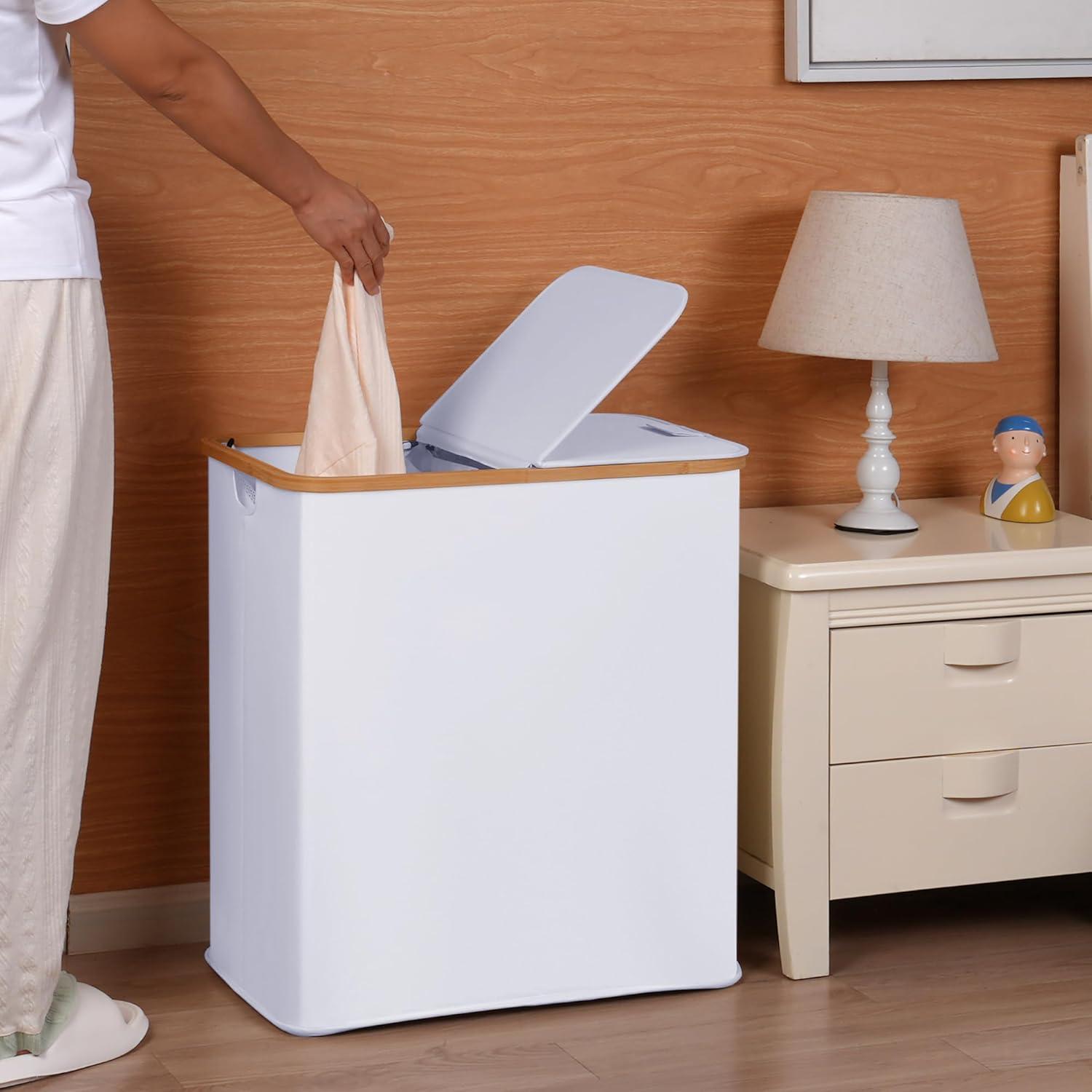 imageefluky Laundry Hamper with Lid Double Laundry Hamper with 2 Removable Bags 2 Section Laundry Basket with Bamboo Handles for Bathroom Bedroom amp Laundry Room 140L 369 Gallon BeigeWhite