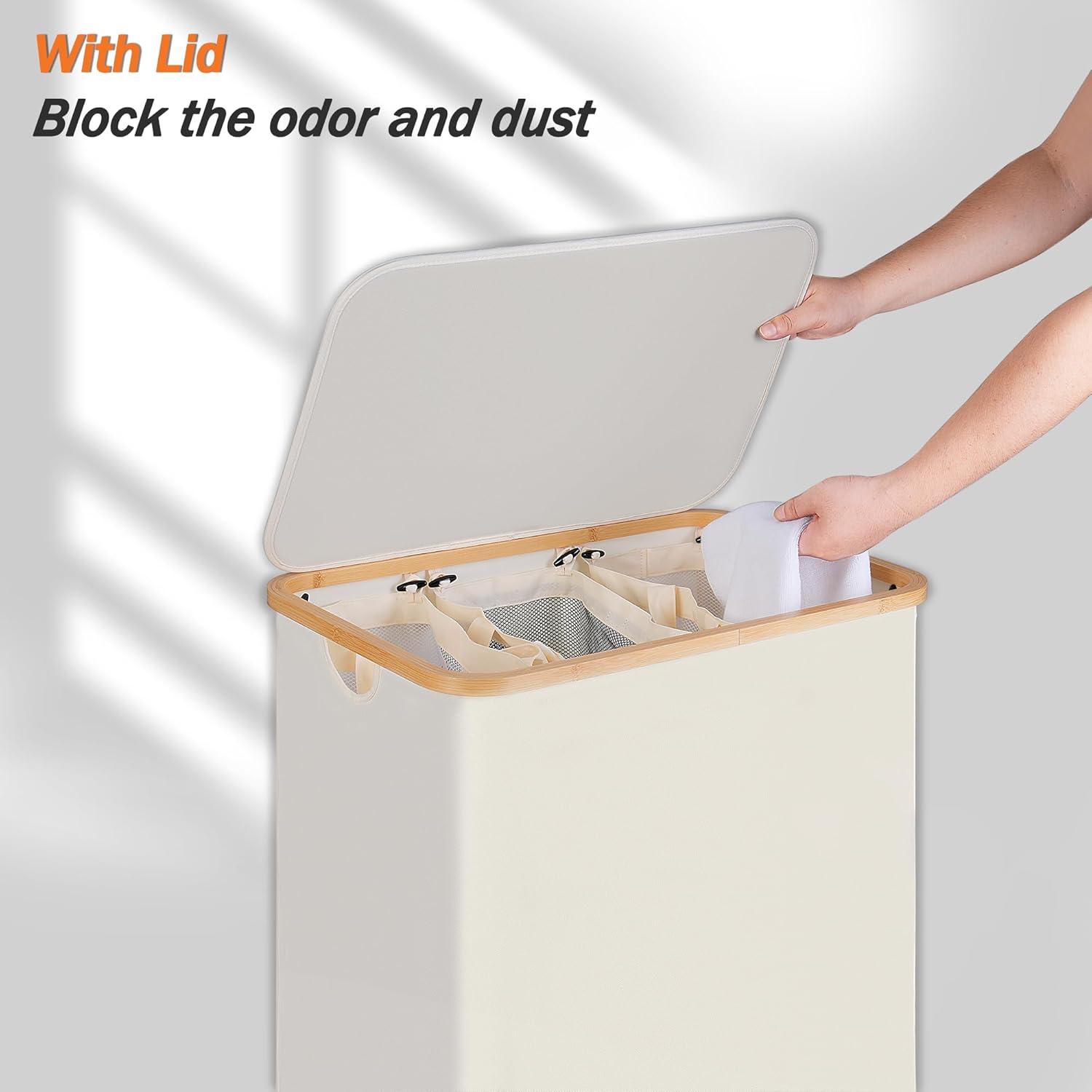 imageefluky Laundry Hamper with Lid Double Laundry Hamper with 2 Removable Bags 2 Section Laundry Basket with Bamboo Handles for Bathroom Bedroom amp Laundry Room 140L 369 Gallon BeigeBeige