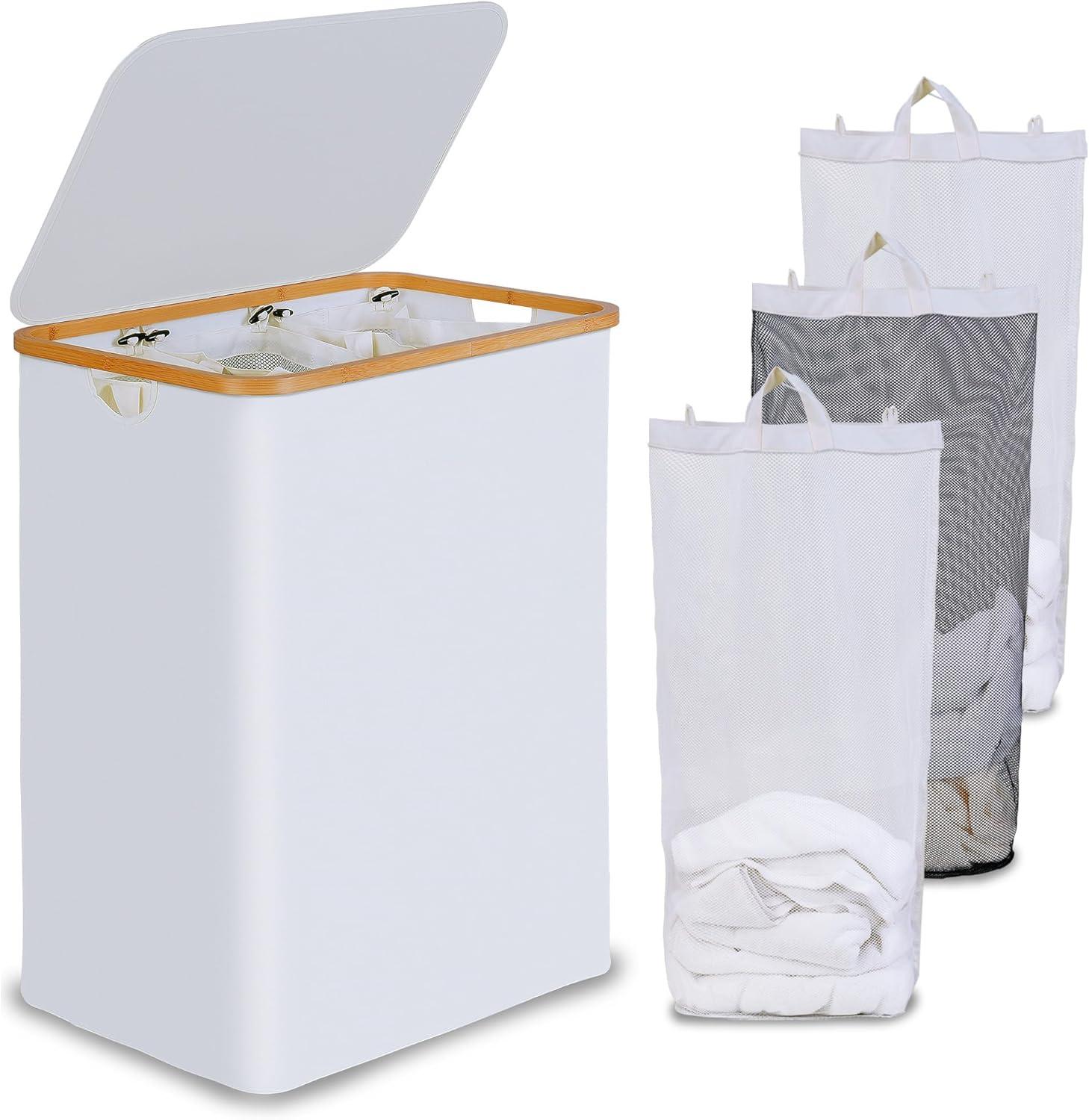 imageefluky Laundry Hamper with Lid Double Laundry Hamper with 2 Removable Bags 2 Section Laundry Basket with Bamboo Handles for Bathroom Bedroom amp Laundry Room 140L 369 Gallon BeigeWhite