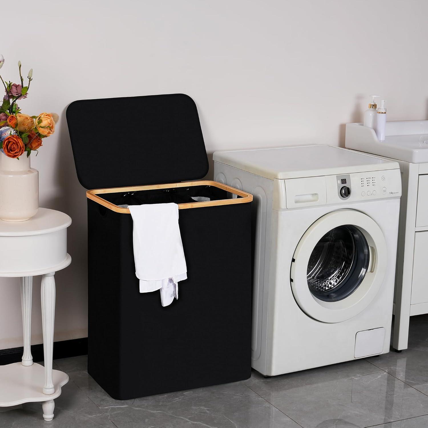 imageefluky Laundry Hamper with Lid Double Laundry Hamper with 2 Removable Bags 2 Section Laundry Basket with Bamboo Handles for Bathroom Bedroom amp Laundry Room 140L 369 Gallon BeigeBlack