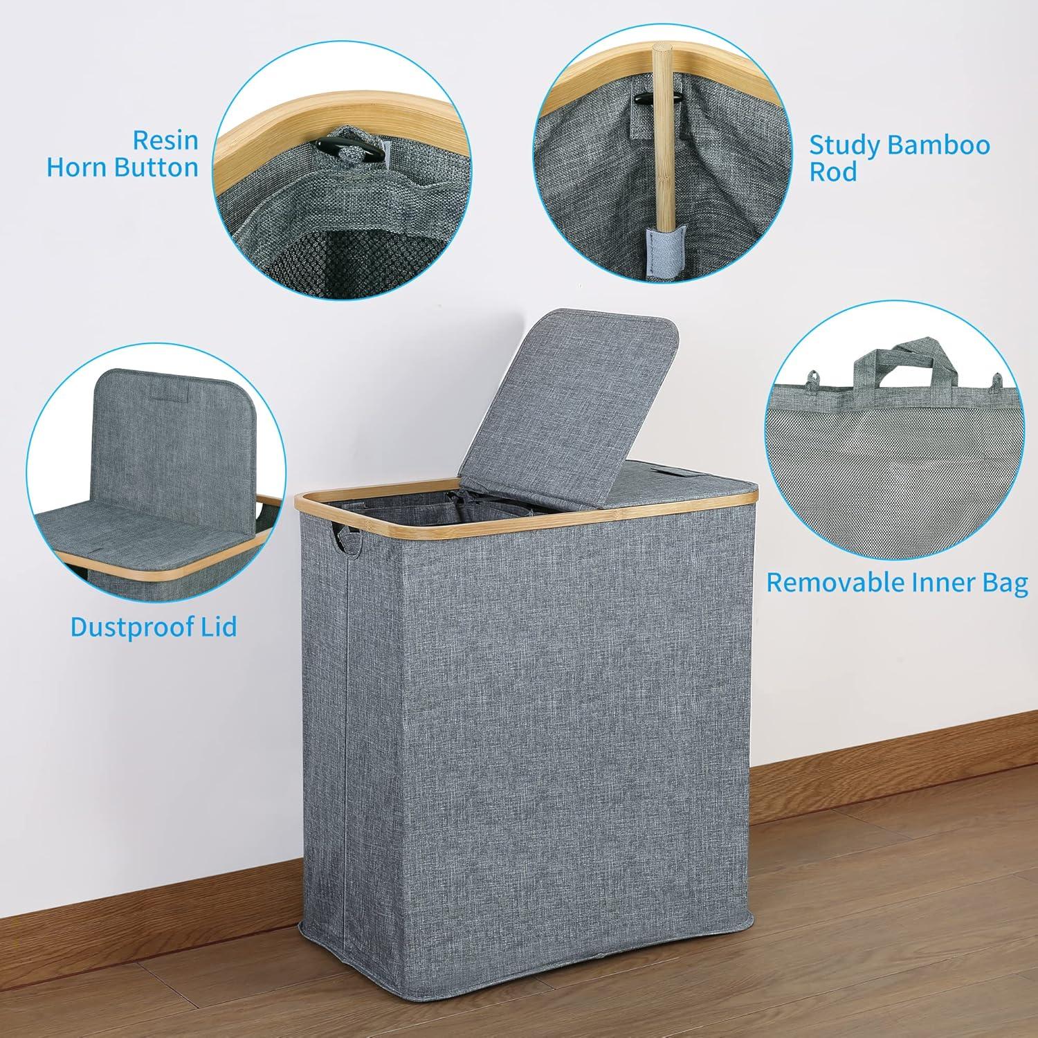 imageefluky Laundry Hamper with Lid Double Laundry Hamper with 2 Removable Bags 2 Section Laundry Basket with Bamboo Handles for Bathroom Bedroom amp Laundry Room 140L 369 Gallon BeigeBlue Grey