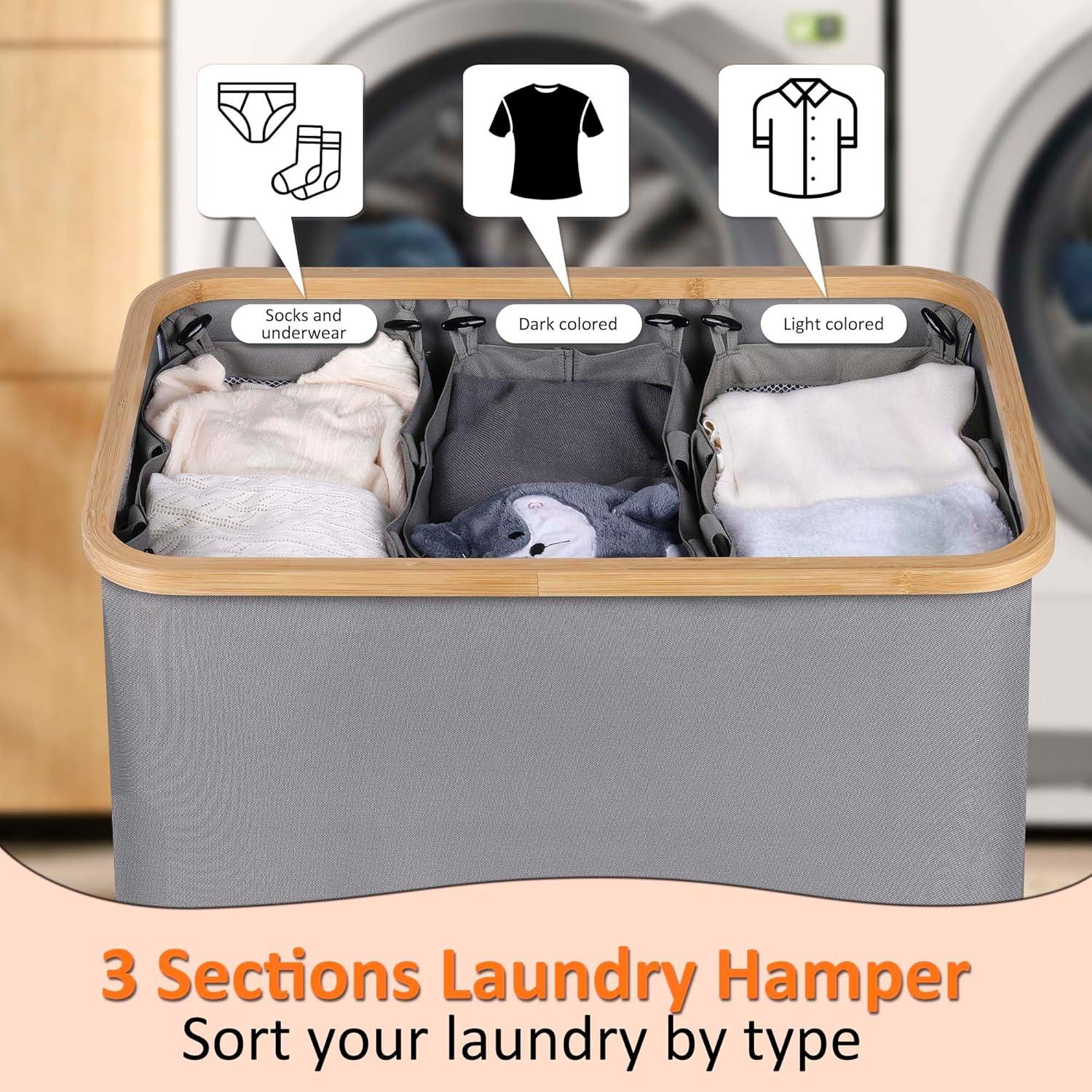 imageefluky Laundry Hamper with Lid Double Laundry Hamper with 2 Removable Bags 2 Section Laundry Basket with Bamboo Handles for Bathroom Bedroom amp Laundry Room 140L 369 Gallon BeigeSilver Grey