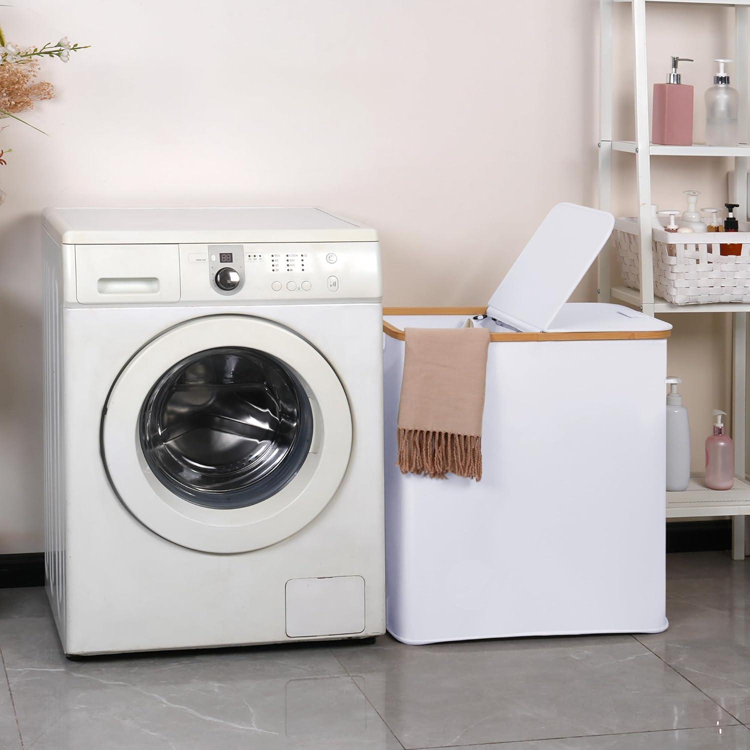 imageefluky Laundry Hamper with Lid Double Laundry Hamper with 2 Removable Bags 2 Section Laundry Basket with Bamboo Handles for Bathroom Bedroom amp Laundry Room 140L 369 Gallon BeigeWhite