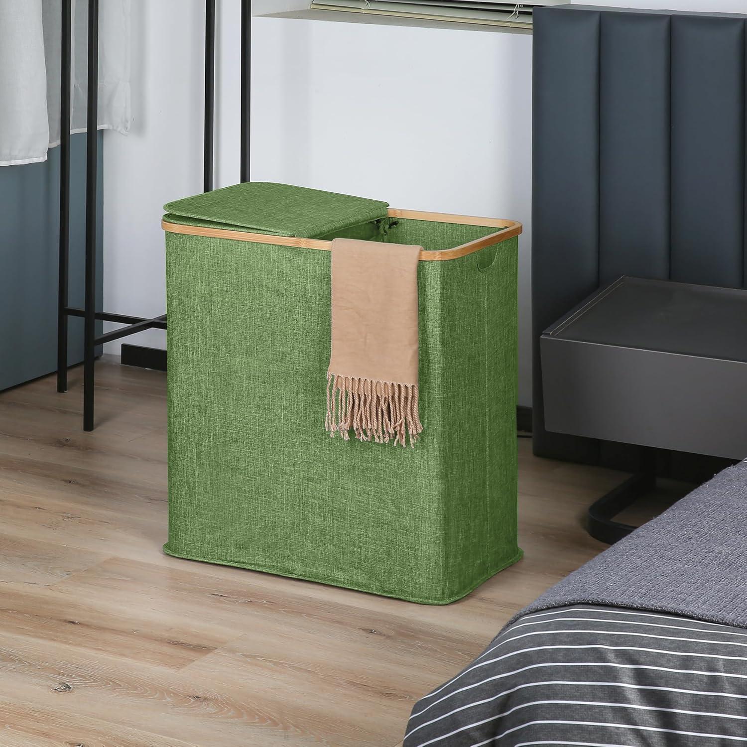 imageefluky Laundry Hamper with Lid Double Laundry Hamper with 2 Removable Bags 2 Section Laundry Basket with Bamboo Handles for Bathroom Bedroom amp Laundry Room 140L 369 Gallon BeigeGreen