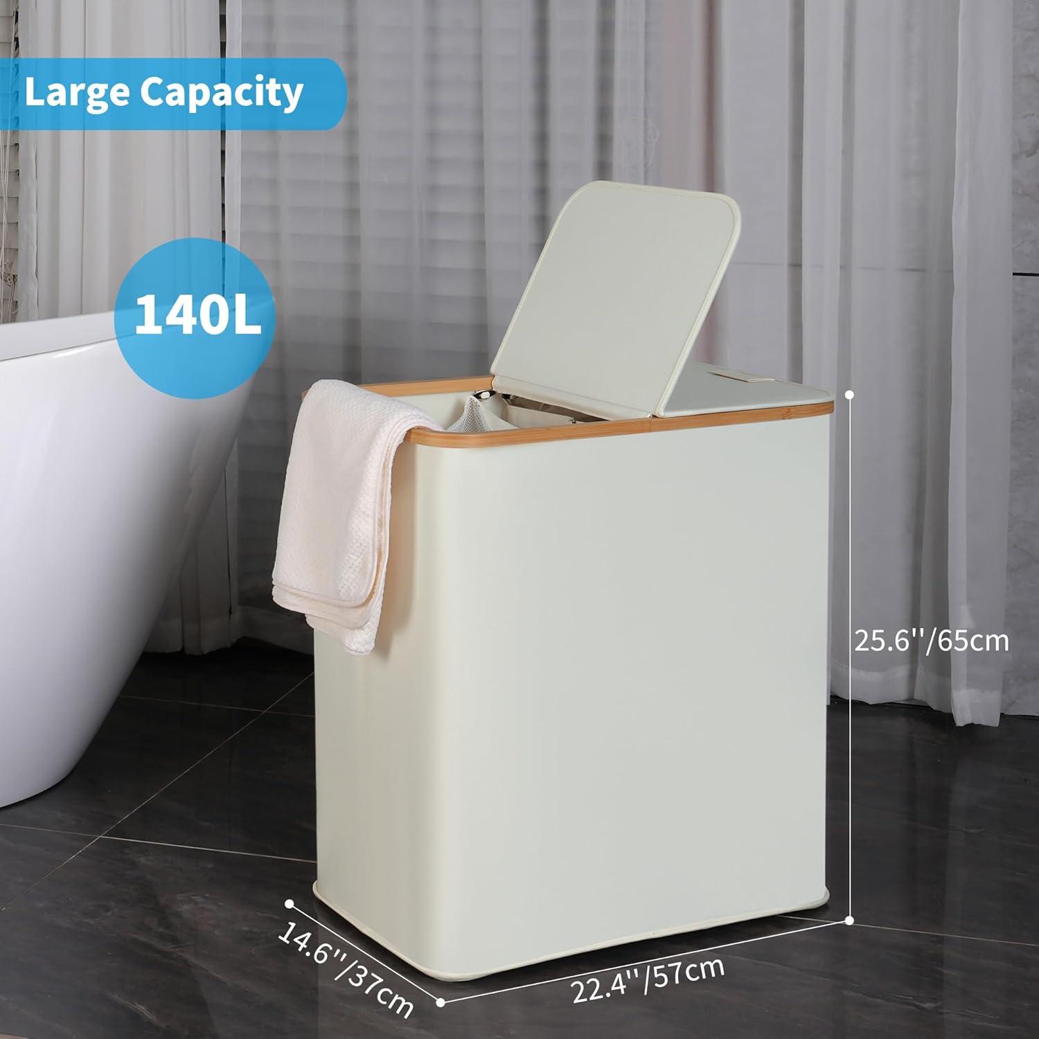 imageefluky Laundry Hamper with Lid Double Laundry Hamper with 2 Removable Bags 2 Section Laundry Basket with Bamboo Handles for Bathroom Bedroom amp Laundry Room 140L 369 Gallon BeigeBeige