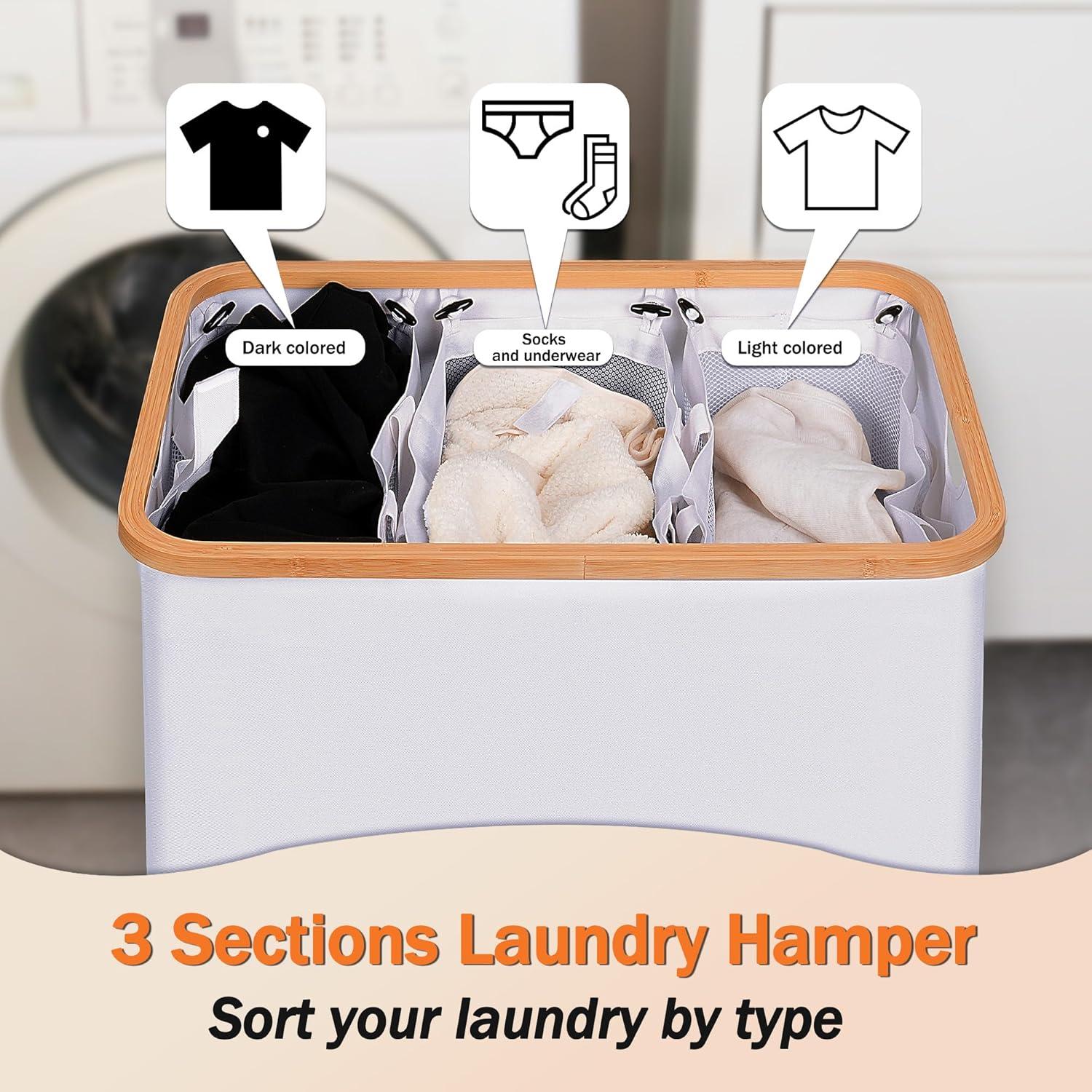 imageefluky Laundry Hamper with Lid Double Laundry Hamper with 2 Removable Bags 2 Section Laundry Basket with Bamboo Handles for Bathroom Bedroom amp Laundry Room 140L 369 Gallon BeigeWhite