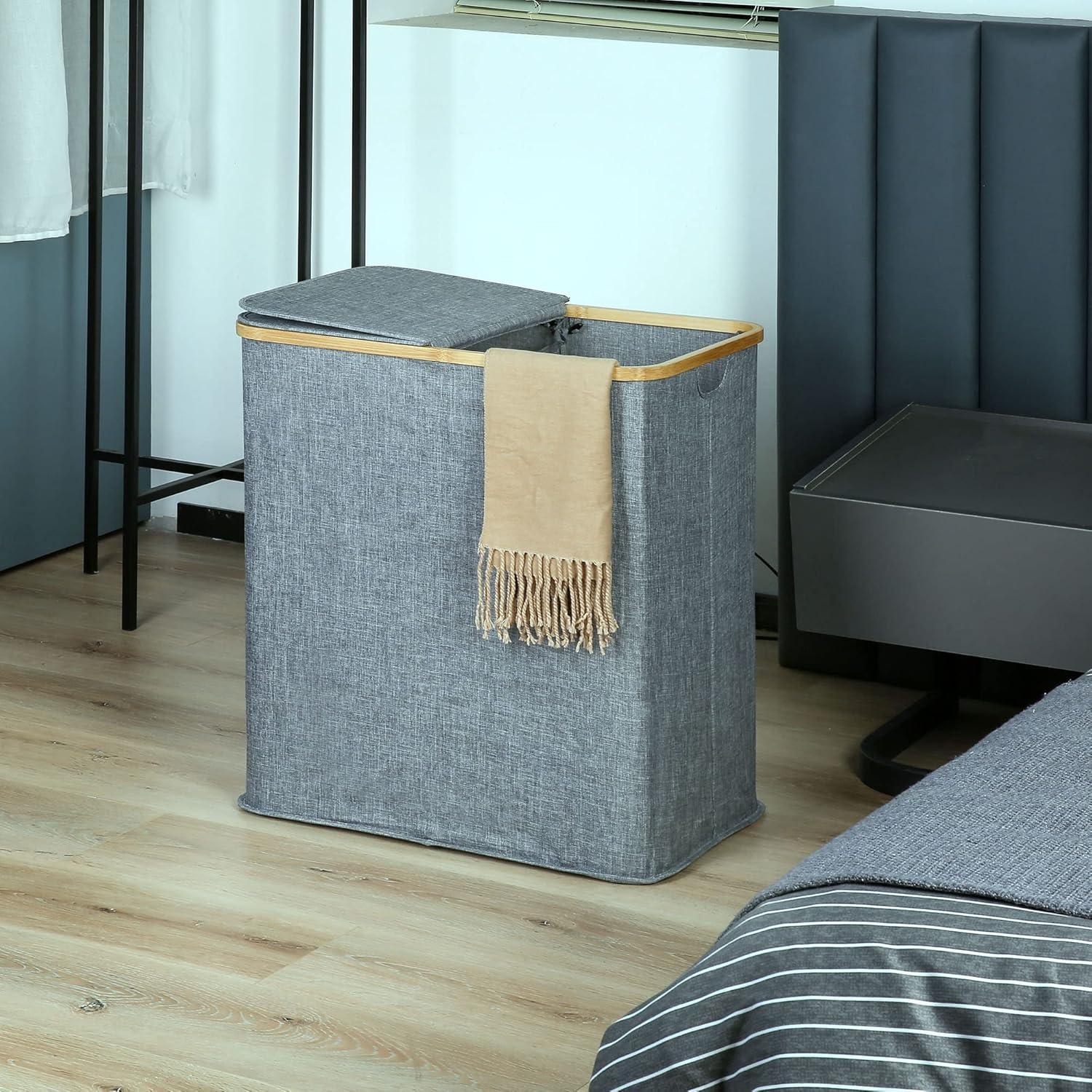 imageefluky Laundry Hamper with Lid Double Laundry Hamper with 2 Removable Bags 2 Section Laundry Basket with Bamboo Handles for Bathroom Bedroom amp Laundry Room 140L 369 Gallon BeigeBlue Grey