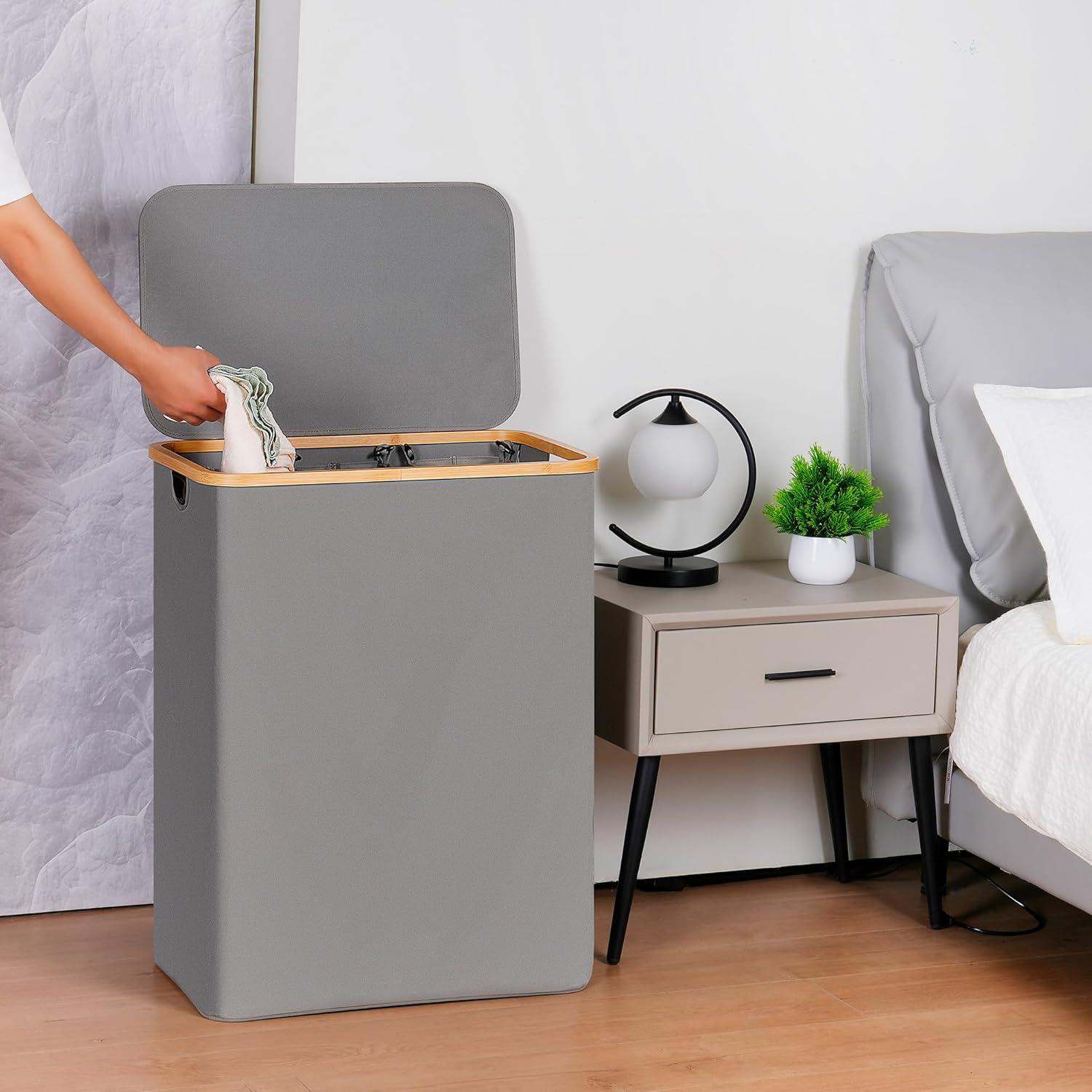 imageefluky Laundry Hamper with Lid Double Laundry Hamper with 2 Removable Bags 2 Section Laundry Basket with Bamboo Handles for Bathroom Bedroom amp Laundry Room 140L 369 Gallon BeigeSilver Grey