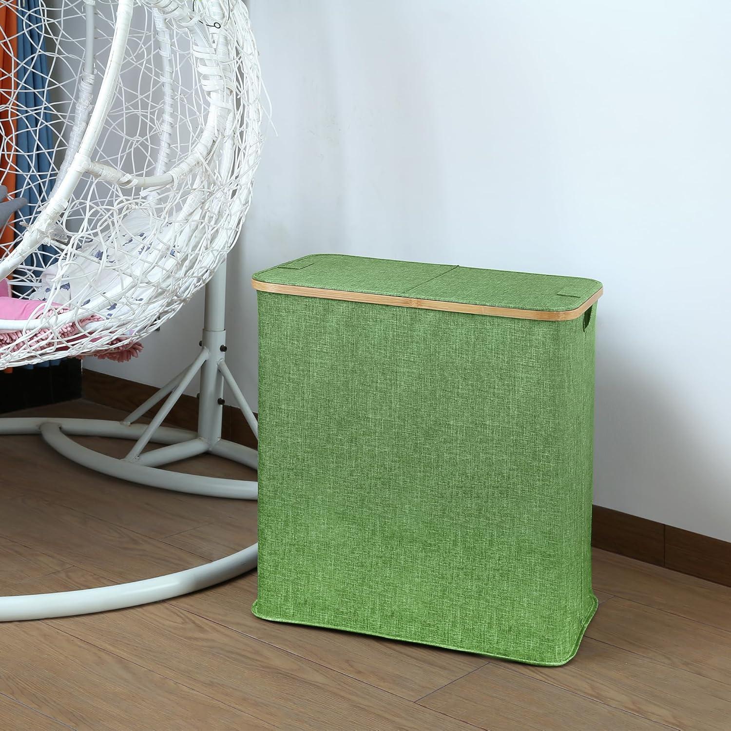 imageefluky Laundry Hamper with Lid Double Laundry Hamper with 2 Removable Bags 2 Section Laundry Basket with Bamboo Handles for Bathroom Bedroom amp Laundry Room 140L 369 Gallon BeigeGreen