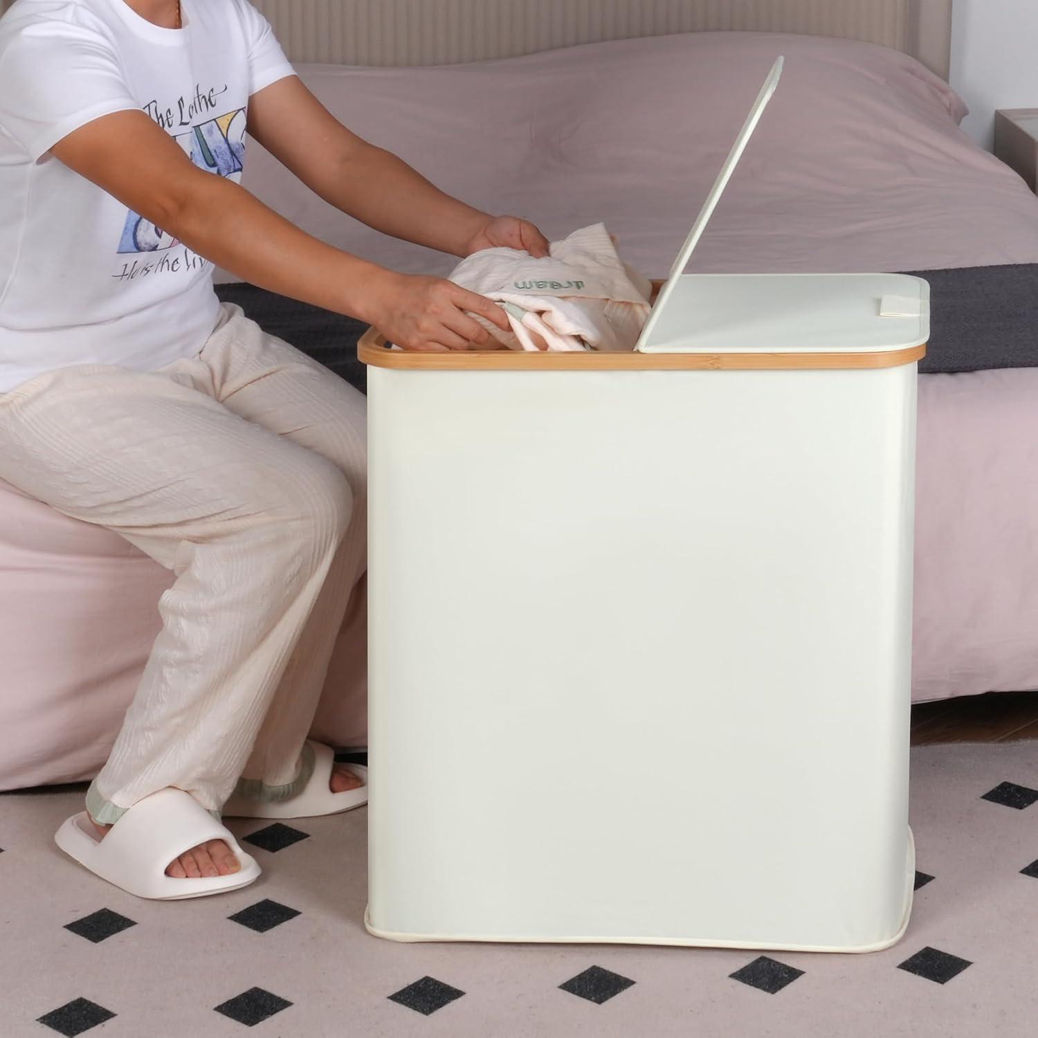 imageefluky Laundry Hamper with Lid Double Laundry Hamper with 2 Removable Bags 2 Section Laundry Basket with Bamboo Handles for Bathroom Bedroom amp Laundry Room 140L 369 Gallon BeigeBeige