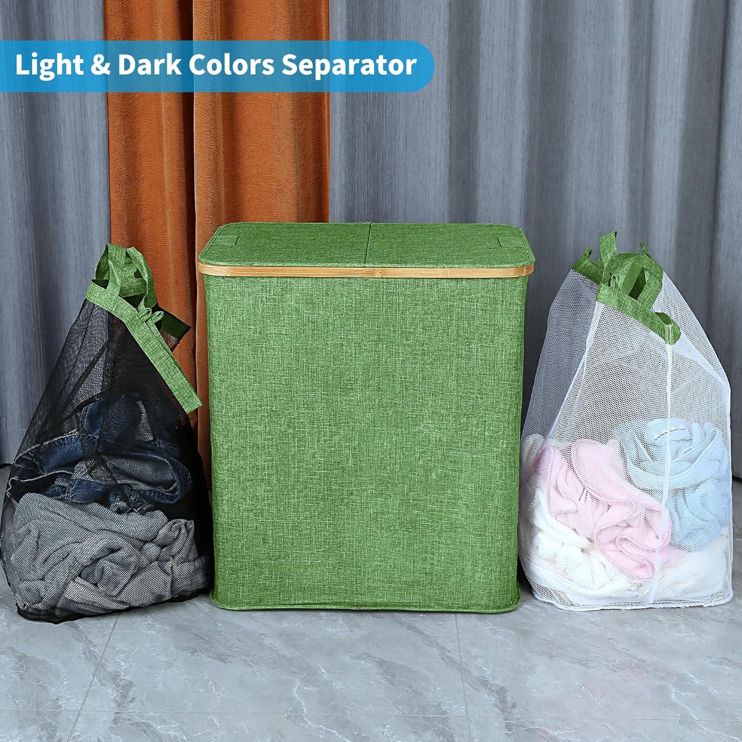 imageefluky Laundry Hamper with Lid Double Laundry Hamper with 2 Removable Bags 2 Section Laundry Basket with Bamboo Handles for Bathroom Bedroom amp Laundry Room 140L 369 Gallon BeigeGreen