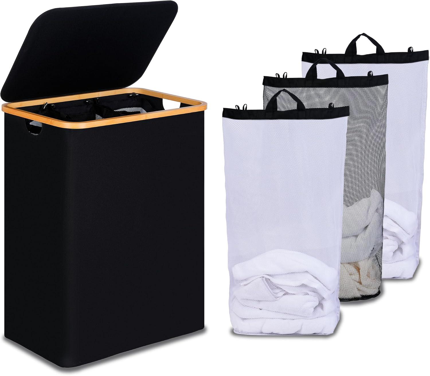 imageefluky Laundry Hamper with Lid Double Laundry Hamper with 2 Removable Bags 2 Section Laundry Basket with Bamboo Handles for Bathroom Bedroom amp Laundry Room 140L 369 Gallon BeigeBlack