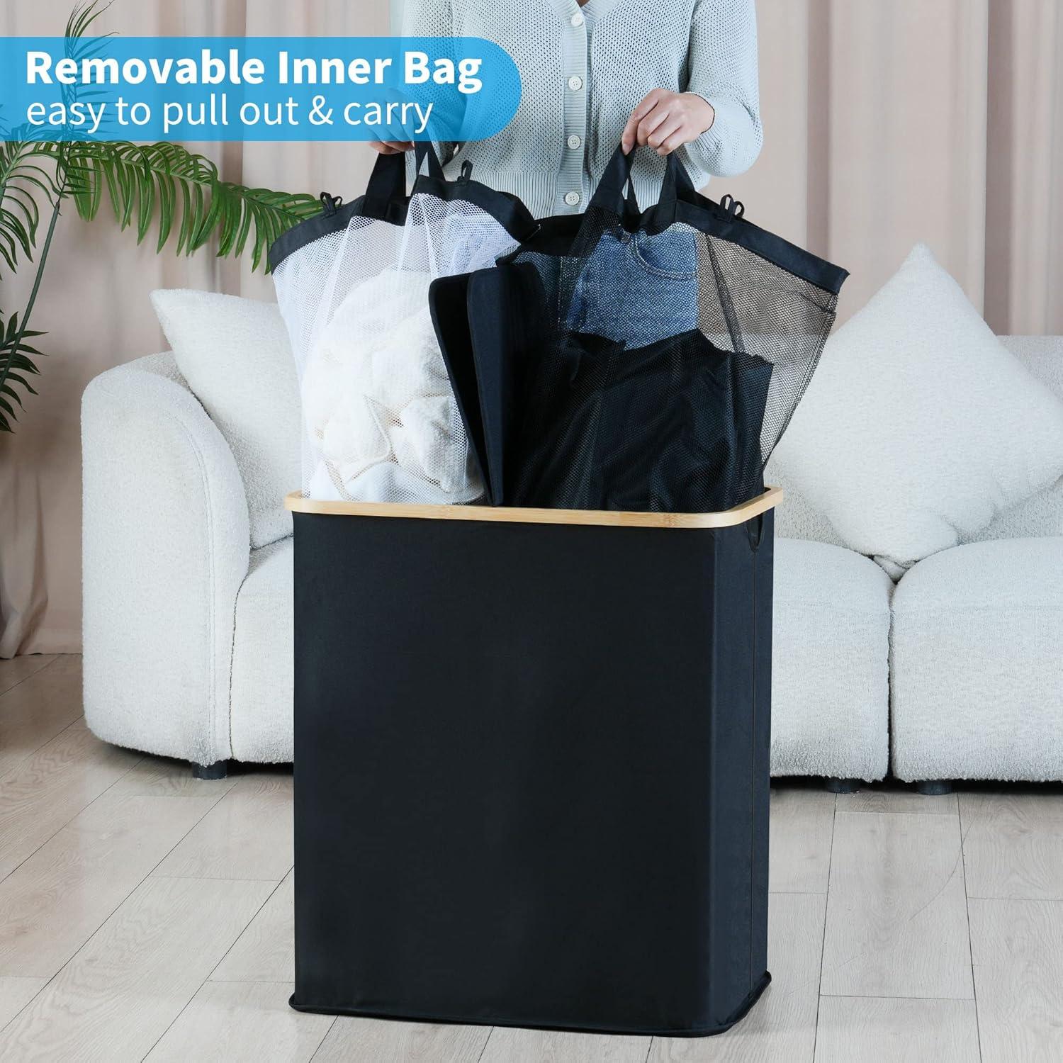 imageefluky Laundry Hamper with Lid Double Laundry Hamper with 2 Removable Bags 2 Section Laundry Basket with Bamboo Handles for Bathroom Bedroom amp Laundry Room 140L 369 Gallon BeigeBlack