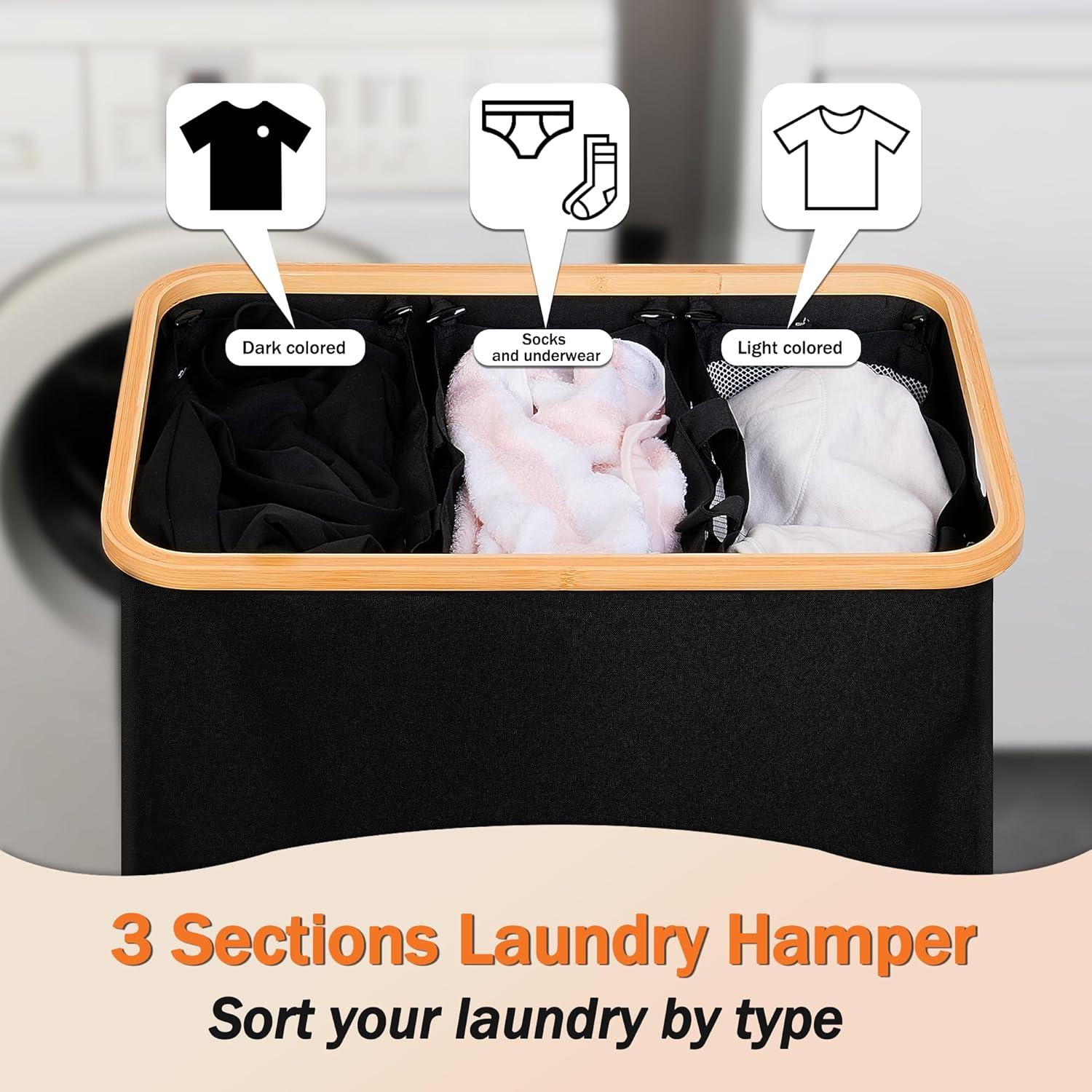 imageefluky Laundry Hamper with Lid Double Laundry Hamper with 2 Removable Bags 2 Section Laundry Basket with Bamboo Handles for Bathroom Bedroom amp Laundry Room 140L 369 Gallon BeigeBlack