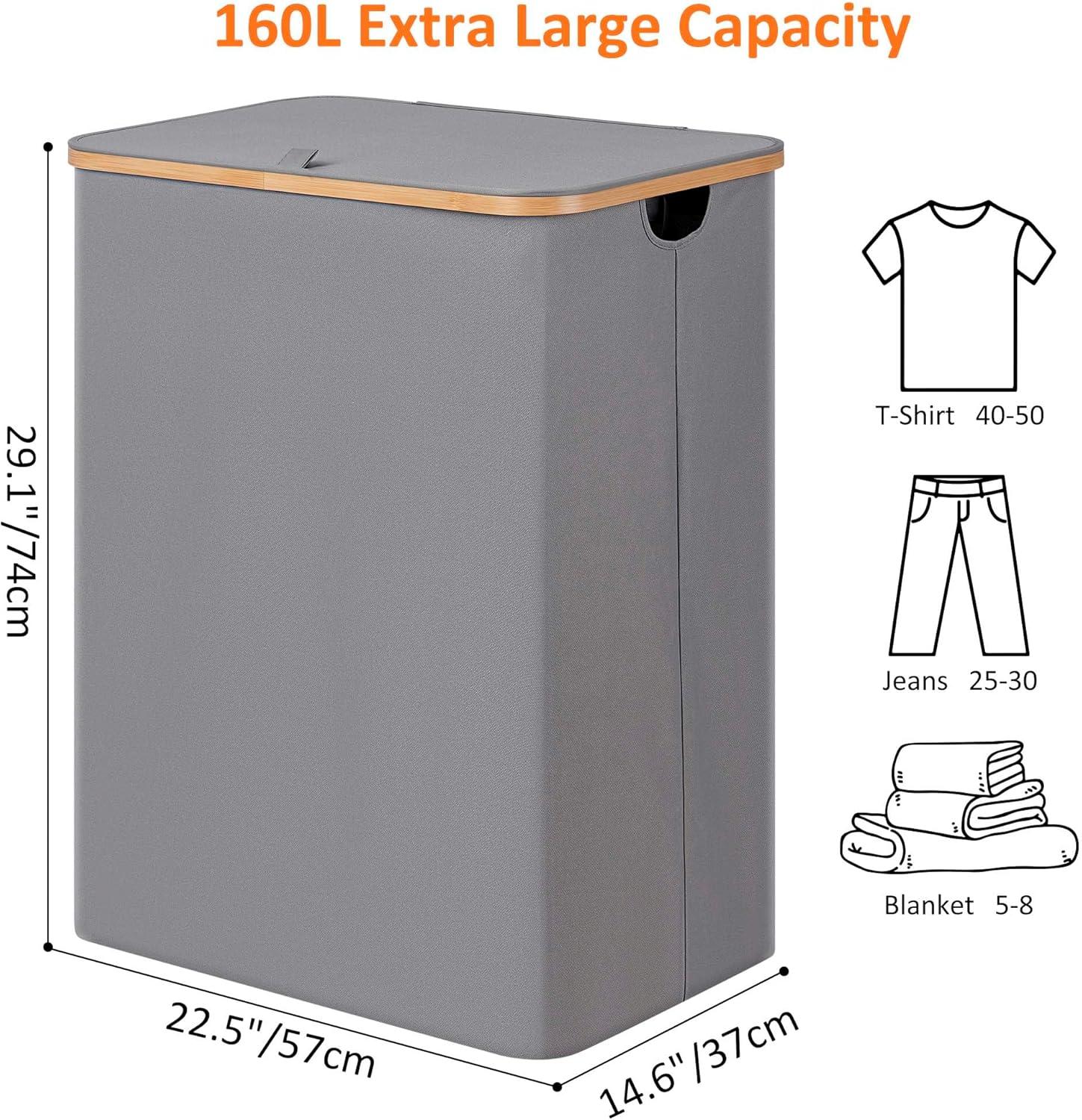 imageefluky Laundry Hamper with Lid Double Laundry Hamper with 2 Removable Bags 2 Section Laundry Basket with Bamboo Handles for Bathroom Bedroom amp Laundry Room 140L 369 Gallon BeigeSilver Grey