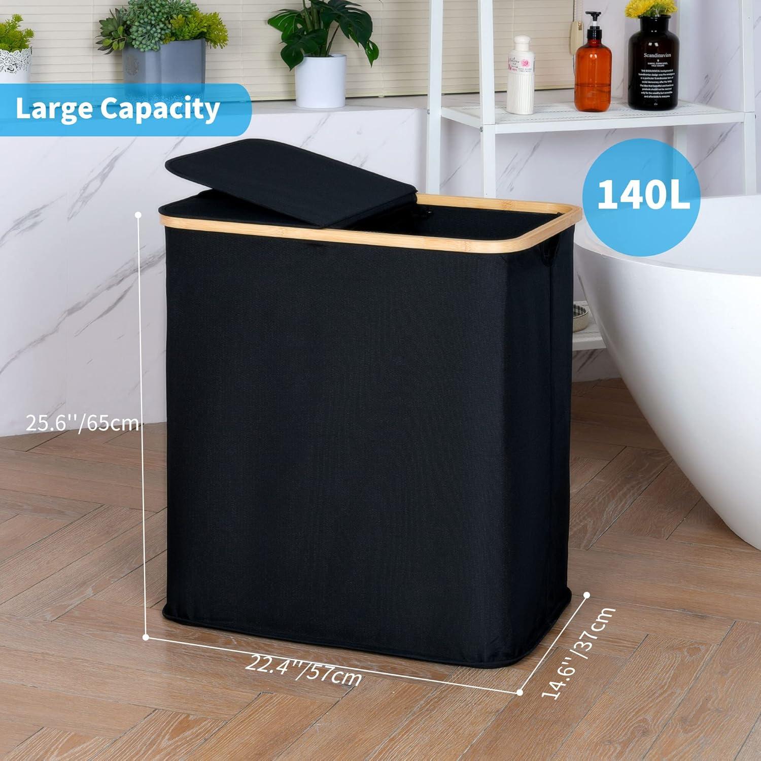 imageefluky Laundry Hamper with Lid Double Laundry Hamper with 2 Removable Bags 2 Section Laundry Basket with Bamboo Handles for Bathroom Bedroom amp Laundry Room 140L 369 Gallon BeigeBlack