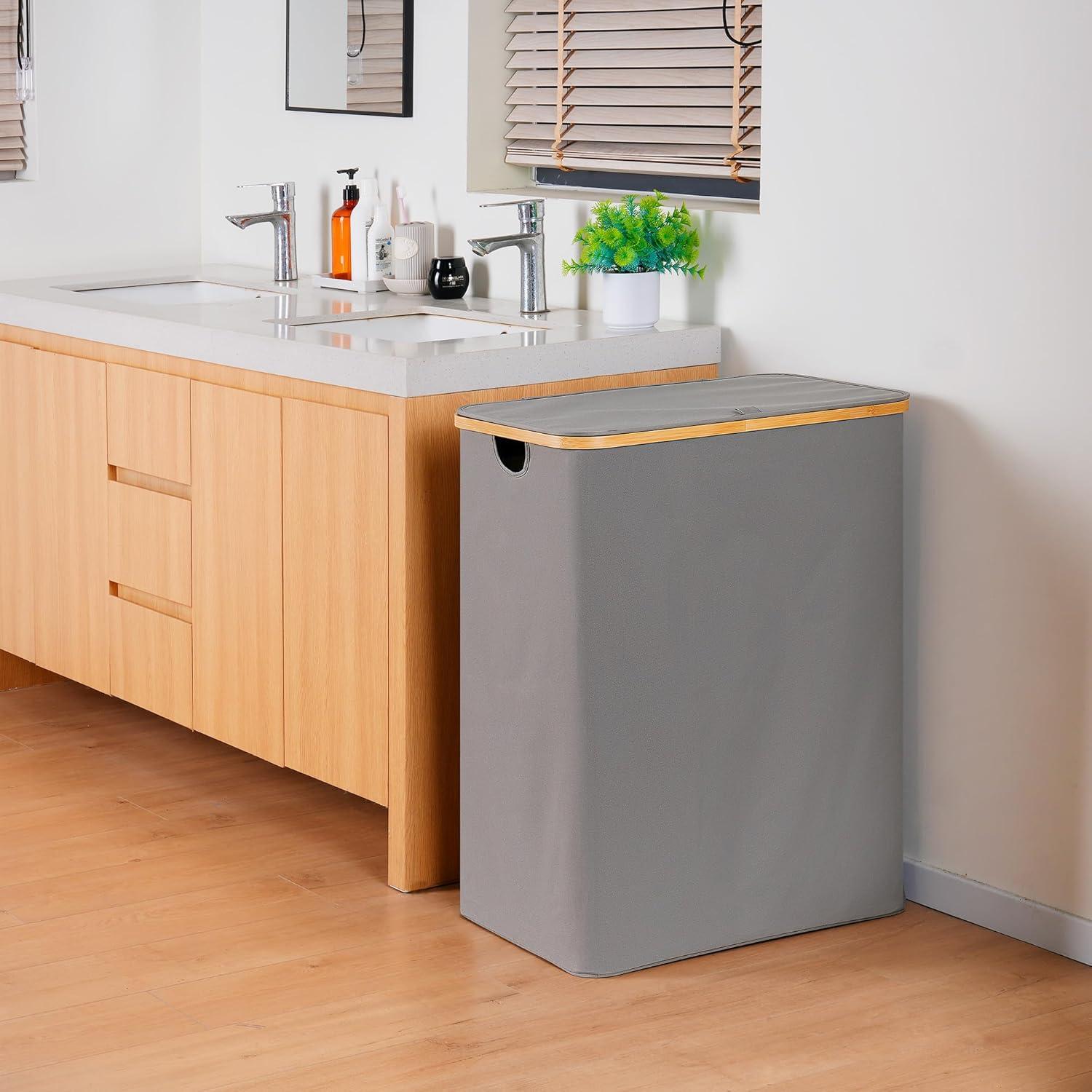 imageefluky Laundry Hamper with Lid Double Laundry Hamper with 2 Removable Bags 2 Section Laundry Basket with Bamboo Handles for Bathroom Bedroom amp Laundry Room 140L 369 Gallon BeigeSilver Grey