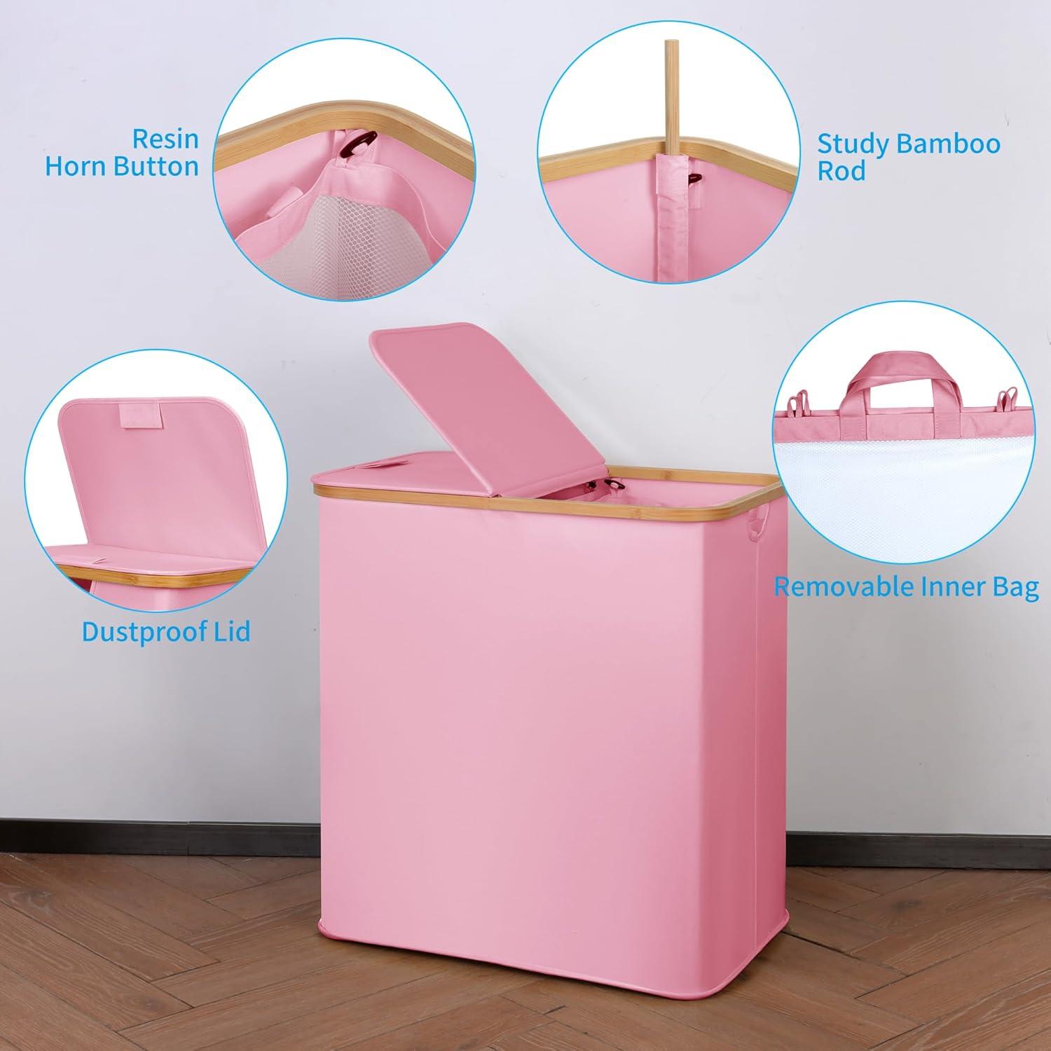 imageefluky Laundry Hamper with Lid Double Laundry Hamper with 2 Removable Bags 2 Section Laundry Basket with Bamboo Handles for Bathroom Bedroom amp Laundry Room 140L 369 Gallon BeigePink