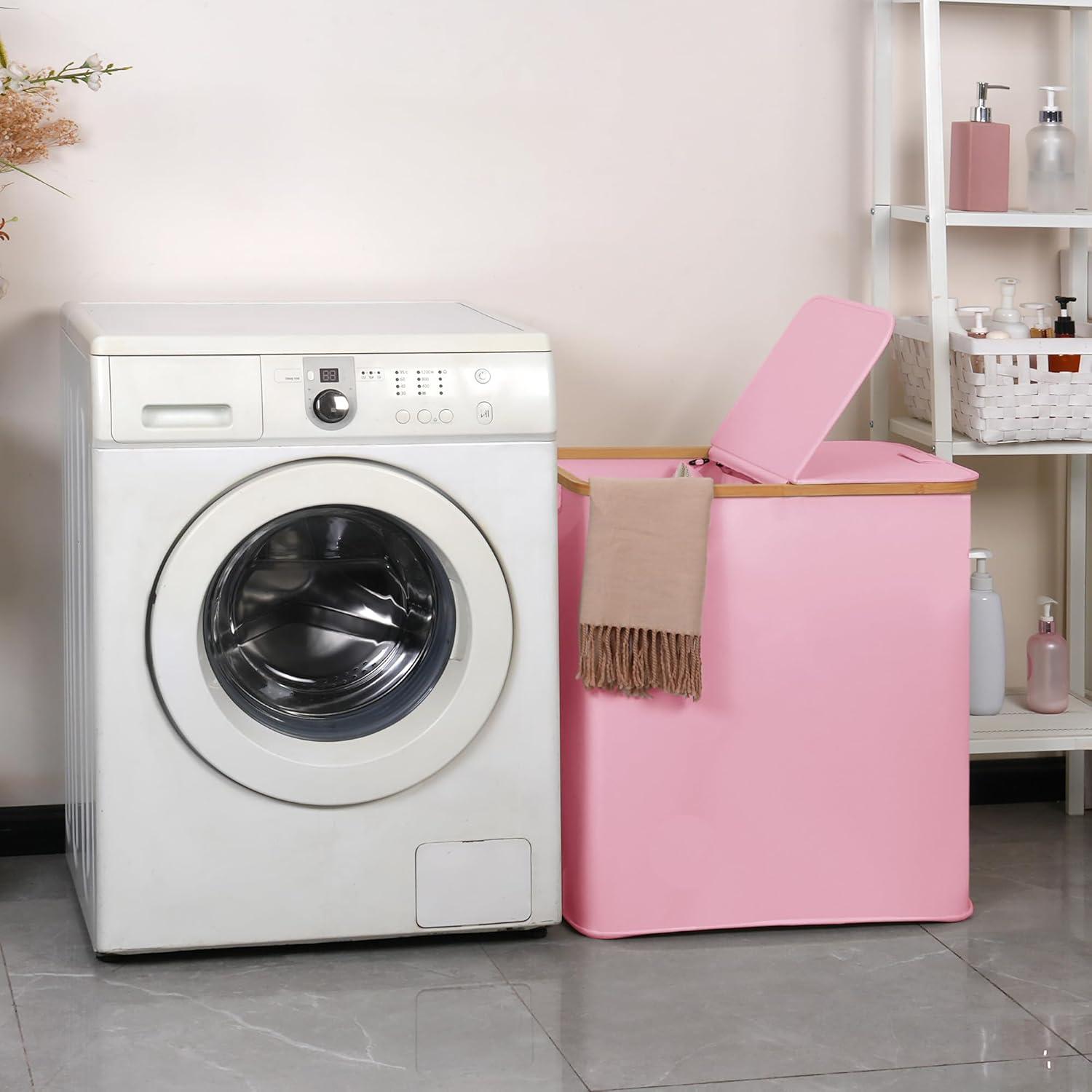 imageefluky Laundry Hamper with Lid Double Laundry Hamper with 2 Removable Bags 2 Section Laundry Basket with Bamboo Handles for Bathroom Bedroom amp Laundry Room 140L 369 Gallon BeigePink