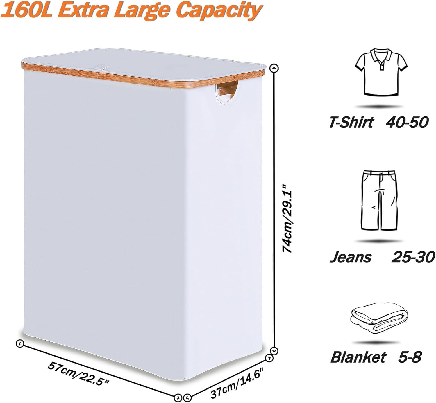 imageefluky Laundry Hamper with Lid Double Laundry Hamper with 2 Removable Bags 2 Section Laundry Basket with Bamboo Handles for Bathroom Bedroom amp Laundry Room 140L 369 Gallon BeigeWhite