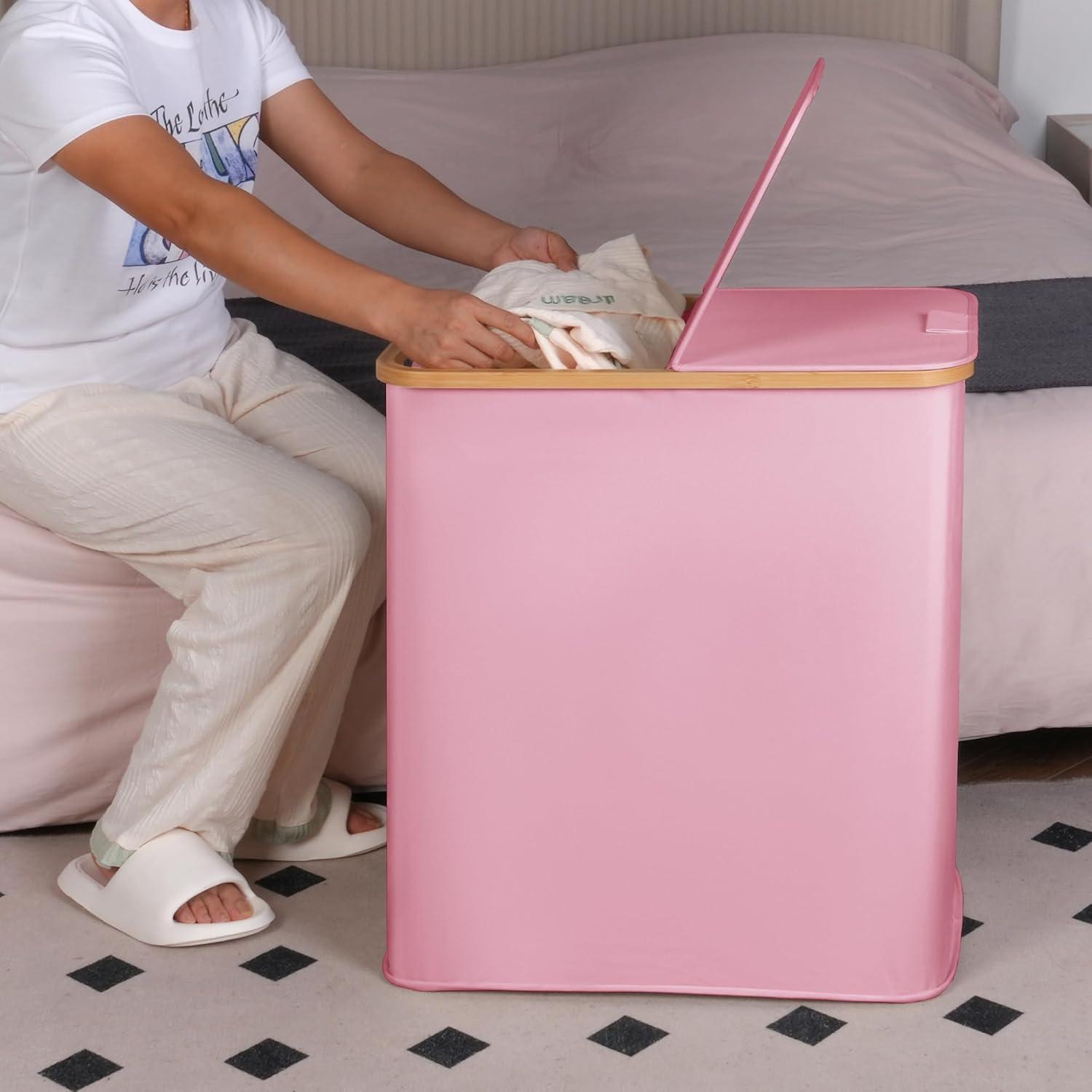 imageefluky Laundry Hamper with Lid Double Laundry Hamper with 2 Removable Bags 2 Section Laundry Basket with Bamboo Handles for Bathroom Bedroom amp Laundry Room 140L 369 Gallon BeigePink