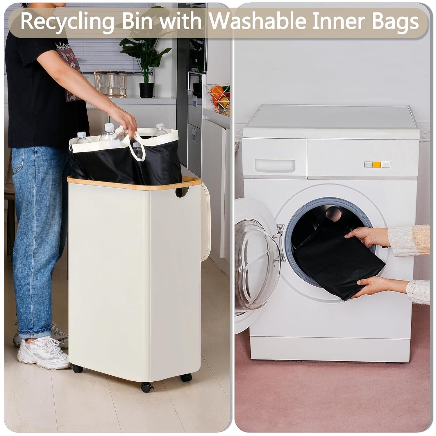 imageefluky Recycling Bin 100L 26 Gallon Recycle Bins for Kitchen Indoor Outdoor Home with 2 Removeable and Reusable Inner Bag Tall Recycle bin for Bottle Can Plastice Stickers BeigeBeige