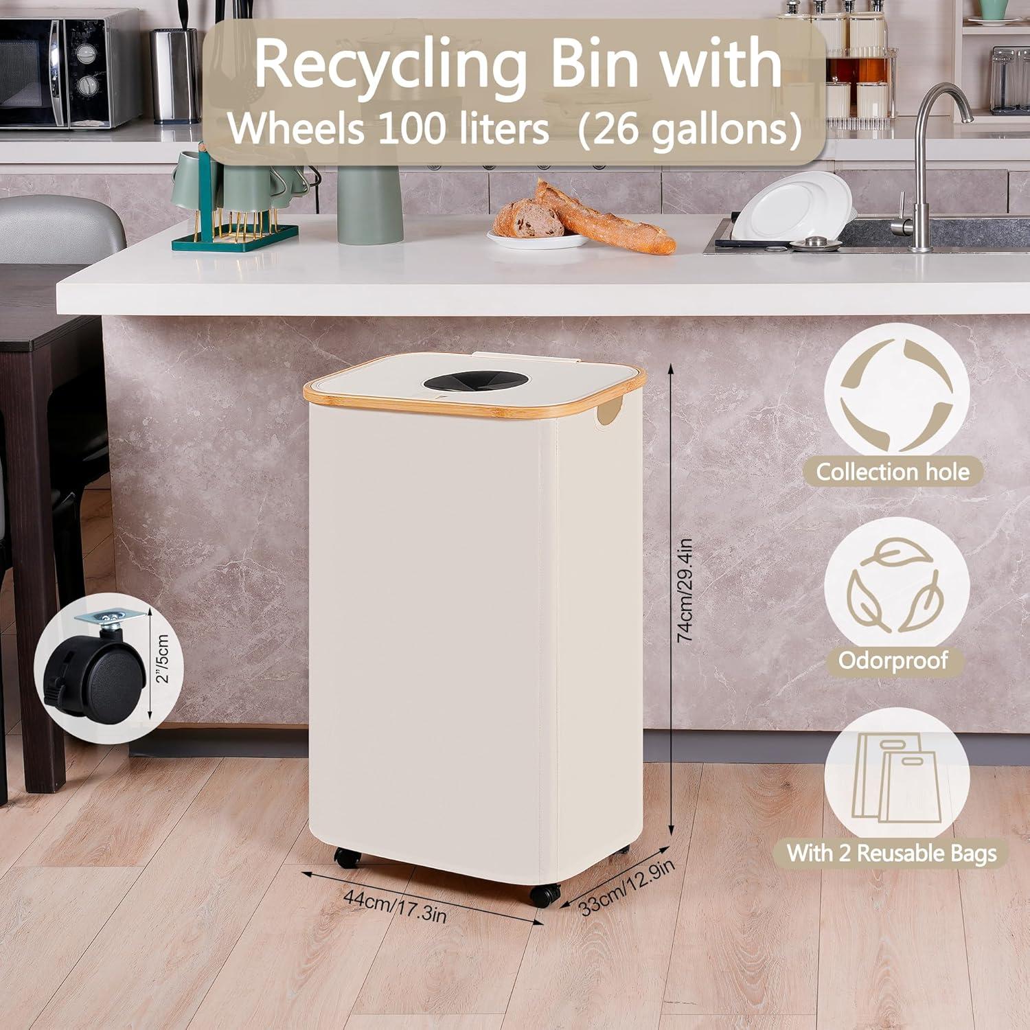 imageefluky Recycling Bin 100L 26 Gallon Recycle Bins for Kitchen Indoor Outdoor Home with 2 Removeable and Reusable Inner Bag Tall Recycle bin for Bottle Can Plastice Stickers BeigeBeige