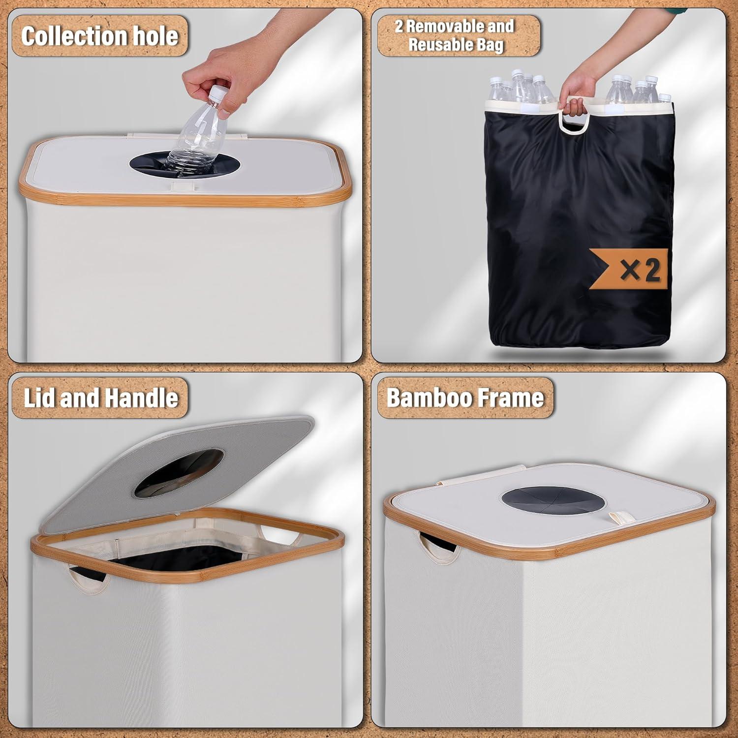 imageefluky Recycling Bin 100L 26 Gallon Recycle Bins for Kitchen Indoor Outdoor Home with 2 Removeable and Reusable Inner Bag Tall Recycle bin for Bottle Can Plastice Stickers BeigeBeige
