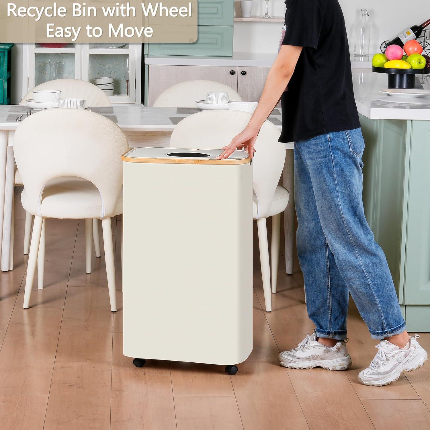 imageefluky Recycling Bin 100L 26 Gallon Recycle Bins for Kitchen Indoor Outdoor Home with 2 Removeable and Reusable Inner Bag Tall Recycle bin for Bottle Can Plastice Stickers BeigeBeige