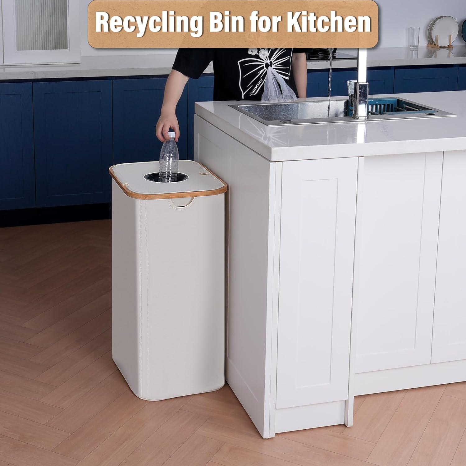 imageefluky Recycling Bin 100L 26 Gallon Recycle Bins for Kitchen Indoor Outdoor Home with 2 Removeable and Reusable Inner Bag Tall Recycle bin for Bottle Can Plastice Stickers BeigeBeige
