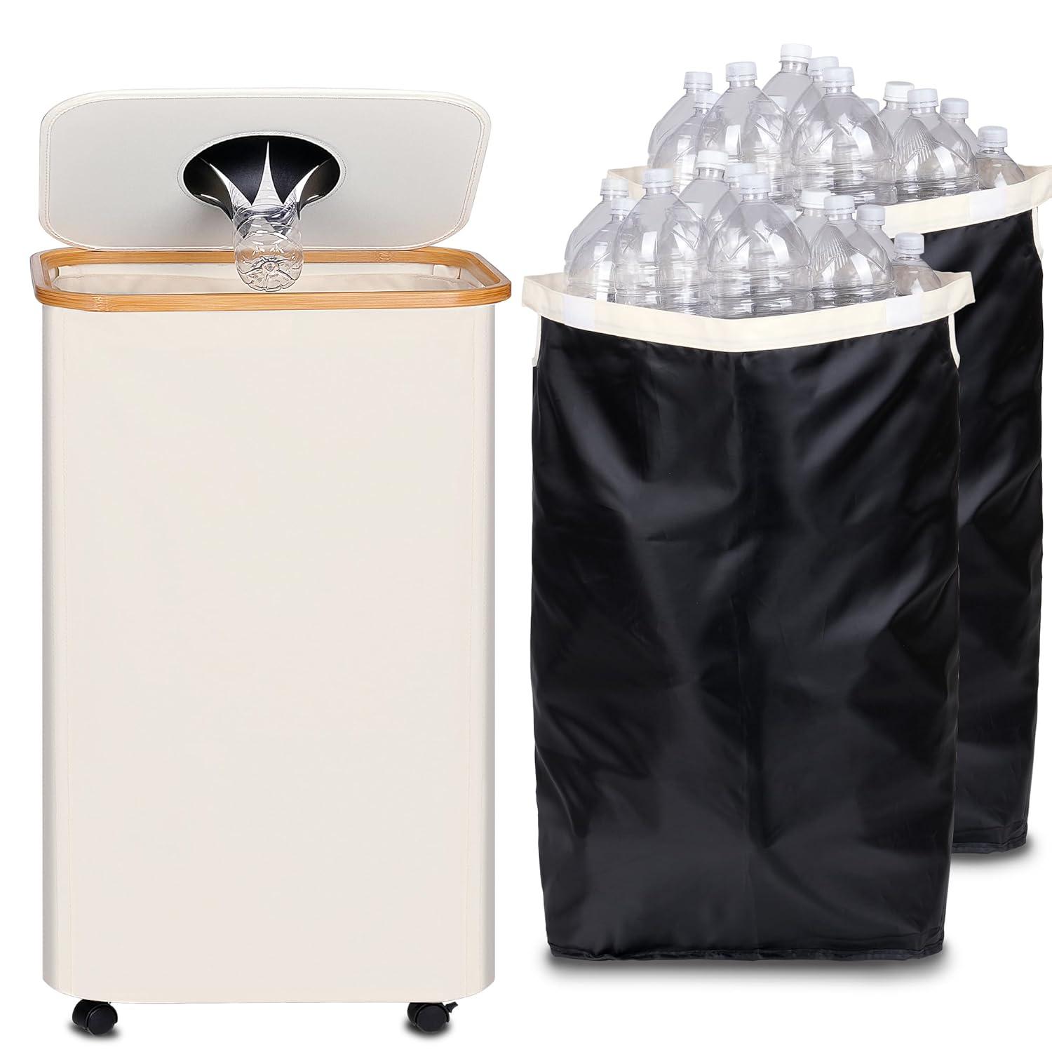 imageefluky Recycling Bin 100L 26 Gallon Recycle Bins for Kitchen Indoor Outdoor Home with 2 Removeable and Reusable Inner Bag Tall Recycle bin for Bottle Can Plastice Stickers BeigeBeige