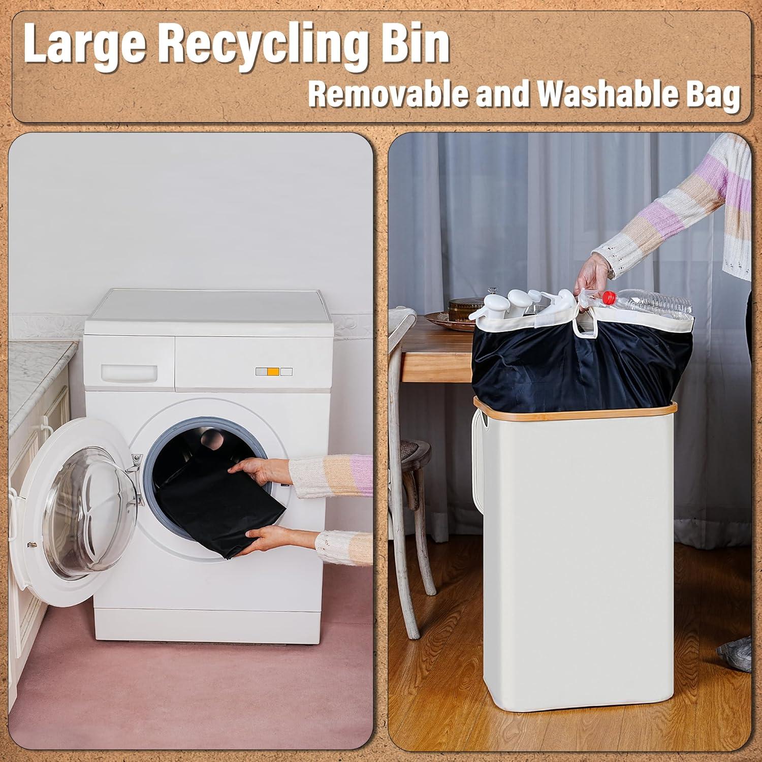 imageefluky Recycling Bin 100L 26 Gallon Recycle Bins for Kitchen Indoor Outdoor Home with 2 Removeable and Reusable Inner Bag Tall Recycle bin for Bottle Can Plastice Stickers BeigeBeige
