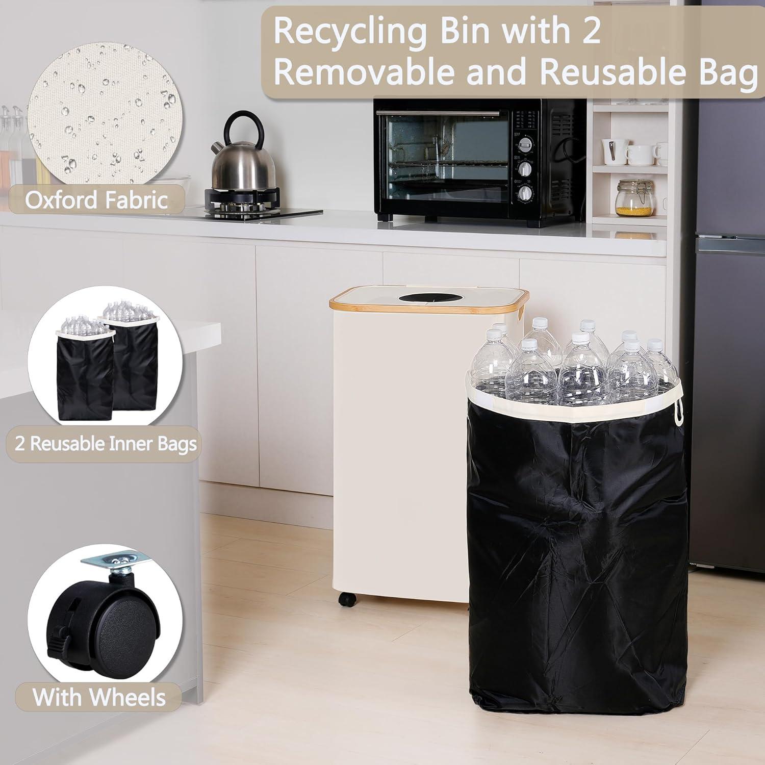imageefluky Recycling Bin 100L 26 Gallon Recycle Bins for Kitchen Indoor Outdoor Home with 2 Removeable and Reusable Inner Bag Tall Recycle bin for Bottle Can Plastice Stickers BeigeBeige