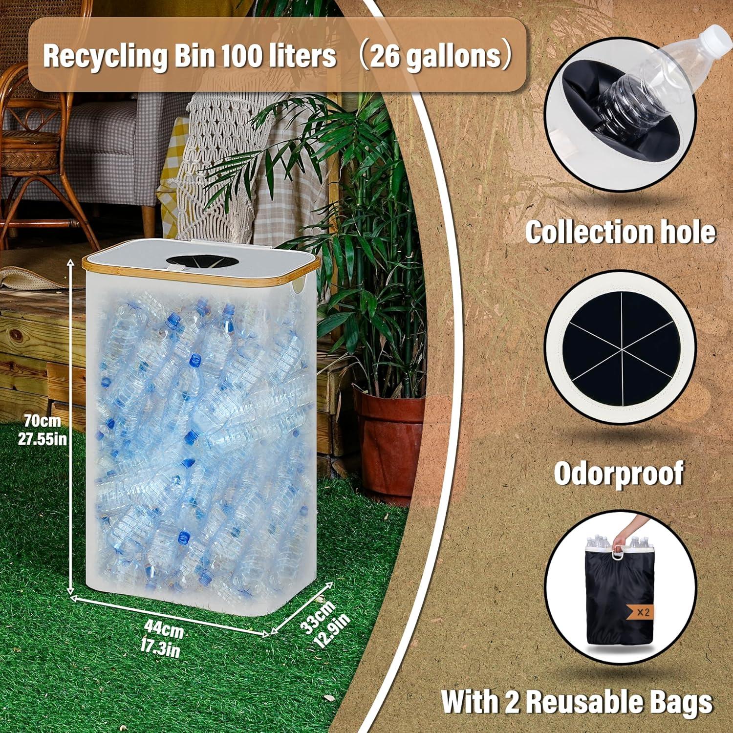 imageefluky Recycling Bin 100L 26 Gallon Recycle Bins for Kitchen Indoor Outdoor Home with 2 Removeable and Reusable Inner Bag Tall Recycle bin for Bottle Can Plastice Stickers BeigeBeige