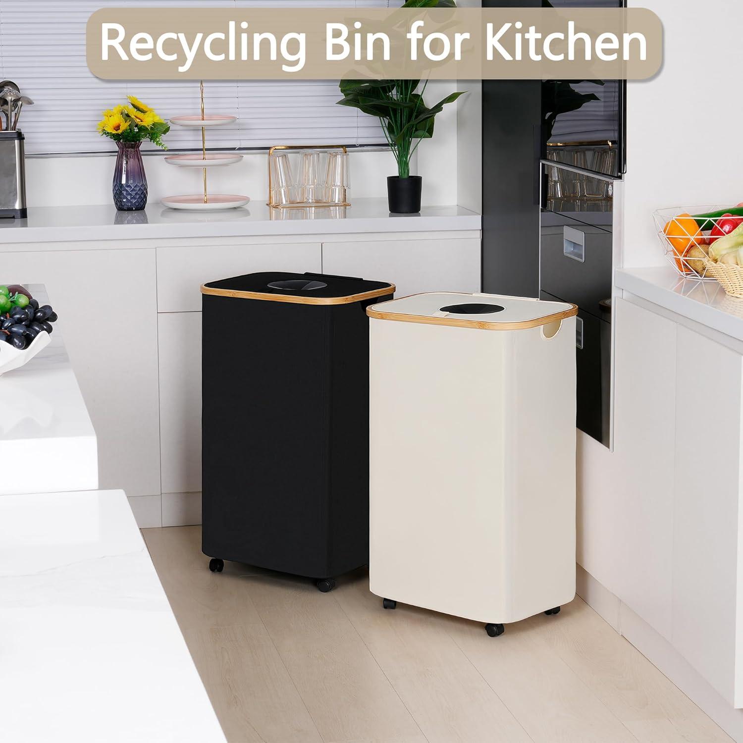 imageefluky Recycling Bin 100L 26 Gallon Recycle Bins for Kitchen Indoor Outdoor Home with 2 Removeable and Reusable Inner Bag Tall Recycle bin for Bottle Can Plastice Stickers BeigeBeige