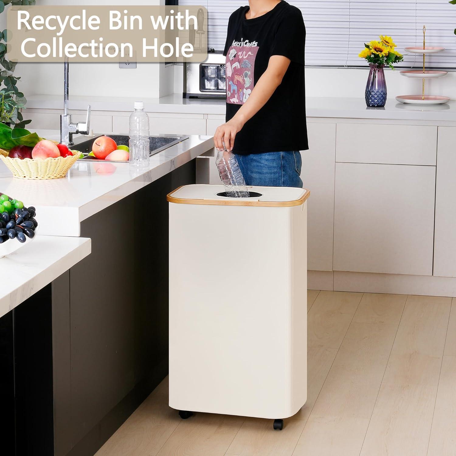 imageefluky Recycling Bin 100L 26 Gallon Recycle Bins for Kitchen Indoor Outdoor Home with 2 Removeable and Reusable Inner Bag Tall Recycle bin for Bottle Can Plastice Stickers BeigeBeige