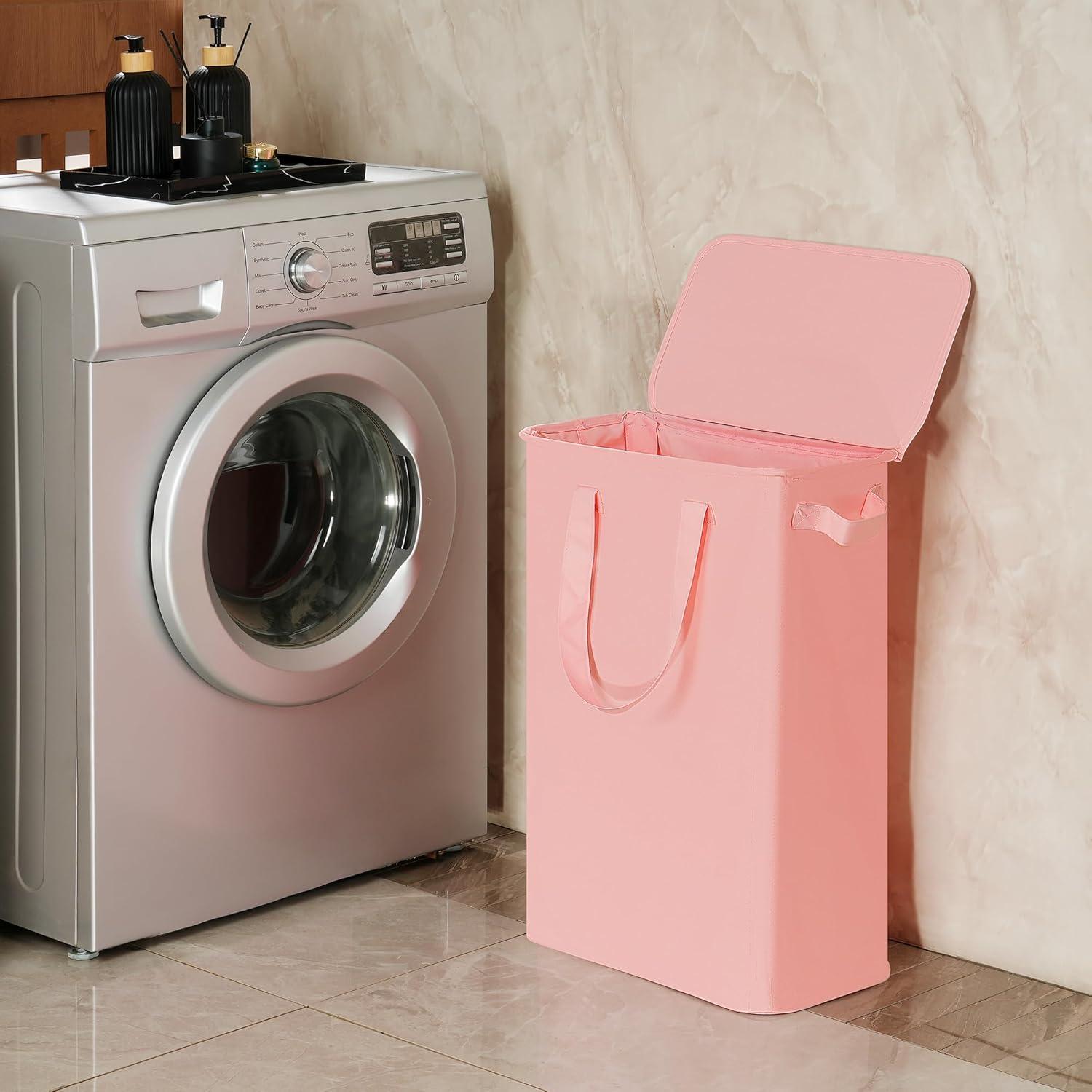 imageefluky Slim Laundry Basket Narrow Laundry Hamper with Handles Collapsible Dirty Clothes Hamper Tall Laundry Bin for Laundry Room Dorm and Bedroom 127 Gallons48L BlackPink