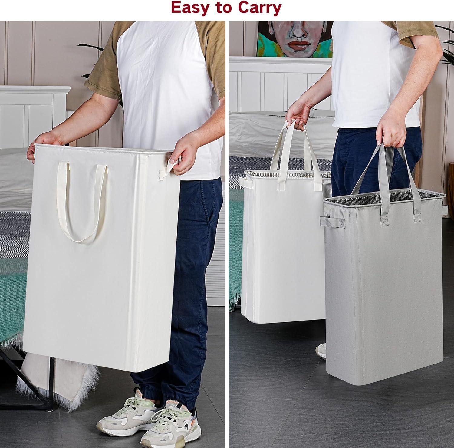 imageefluky Slim Laundry Basket Narrow Laundry Hamper with Handles Collapsible Dirty Clothes Hamper Tall Laundry Bin for Laundry Room Dorm and Bedroom 127 Gallons48L BlackBeige