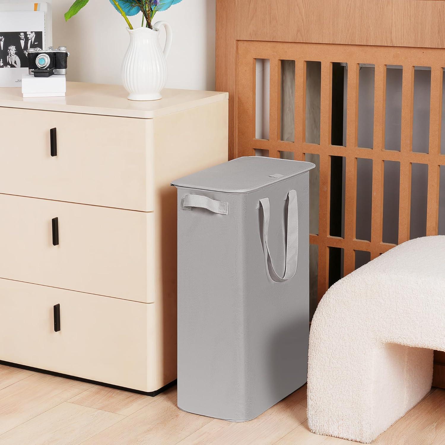 imageefluky Slim Laundry Basket Narrow Laundry Hamper with Handles Collapsible Dirty Clothes Hamper Tall Laundry Bin for Laundry Room Dorm and Bedroom 127 Gallons48L BlackGrey