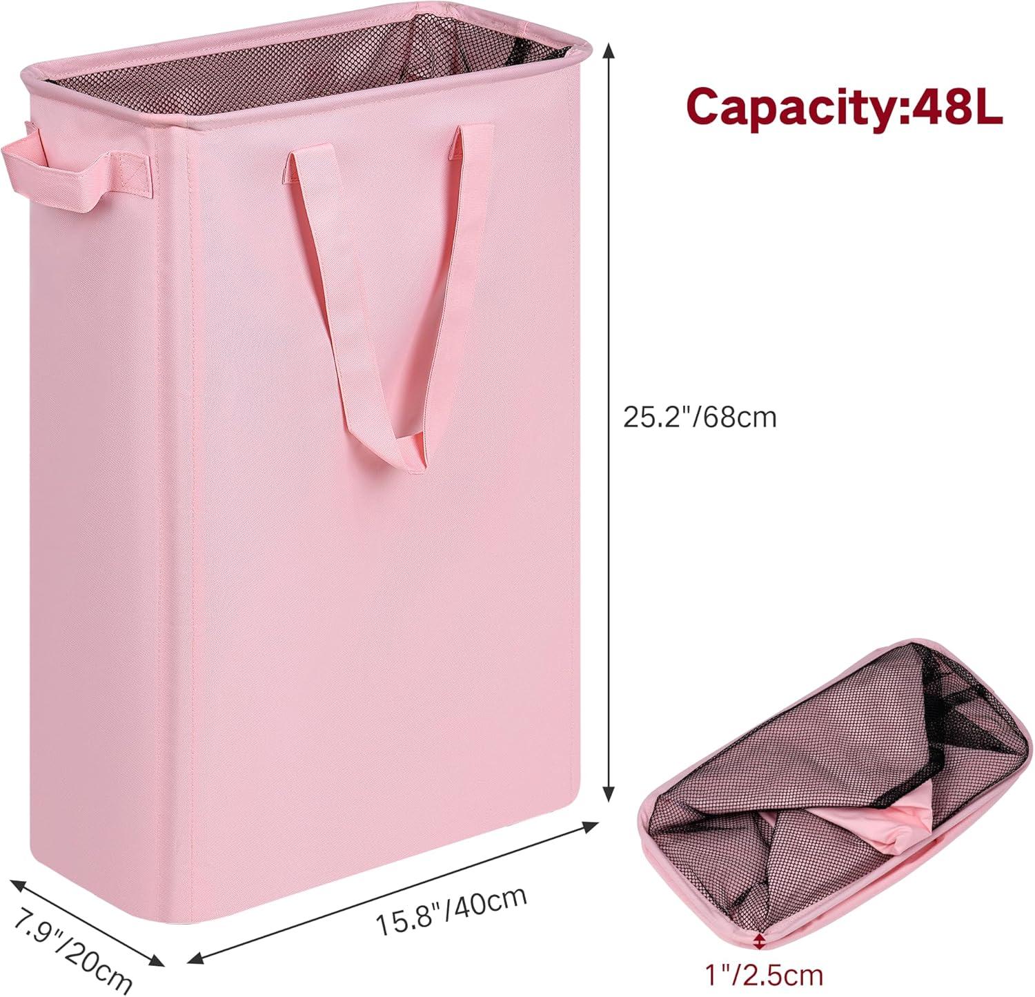 imageefluky Slim Laundry Basket Narrow Laundry Hamper with Handles Collapsible Dirty Clothes Hamper Tall Laundry Bin for Laundry Room Dorm and Bedroom 127 Gallons48L BlackPink