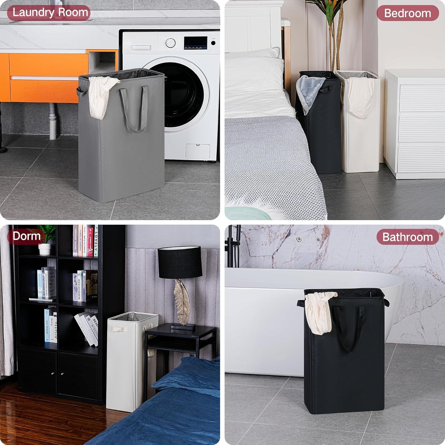 imageefluky Slim Laundry Basket Narrow Laundry Hamper with Handles Collapsible Dirty Clothes Hamper Tall Laundry Bin for Laundry Room Dorm and Bedroom 127 Gallons48L BlackGrey