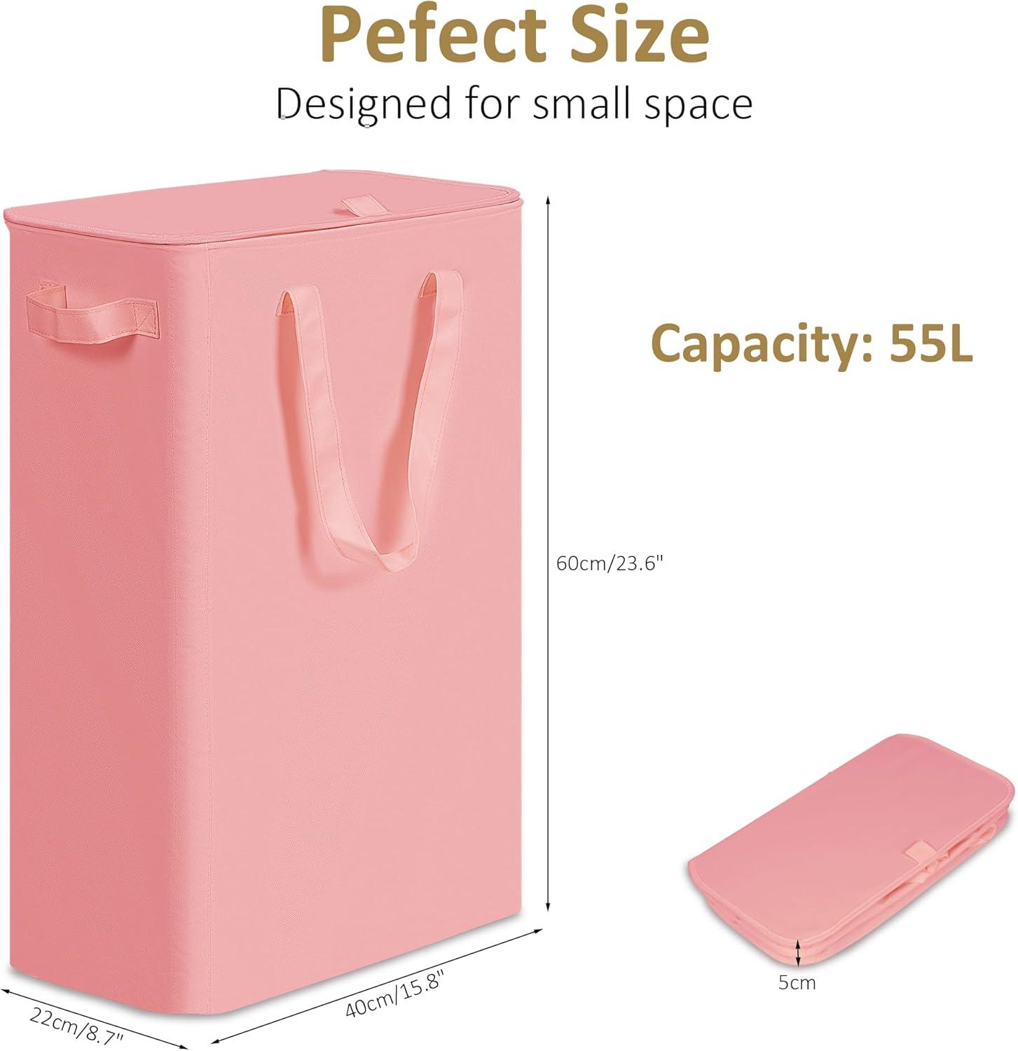 imageefluky Slim Laundry Basket Narrow Laundry Hamper with Handles Collapsible Dirty Clothes Hamper Tall Laundry Bin for Laundry Room Dorm and Bedroom 127 Gallons48L BlackPink