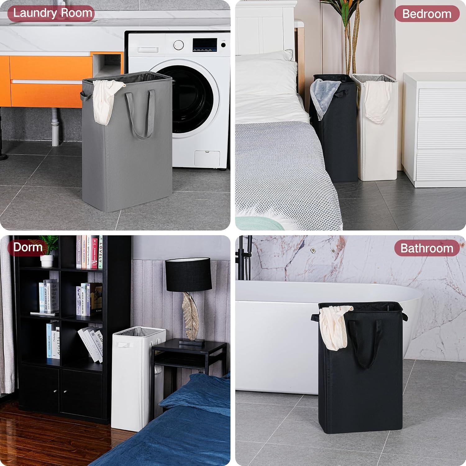 imageefluky Slim Laundry Basket Narrow Laundry Hamper with Handles Collapsible Dirty Clothes Hamper Tall Laundry Bin for Laundry Room Dorm and Bedroom 127 Gallons48L BlackWhite