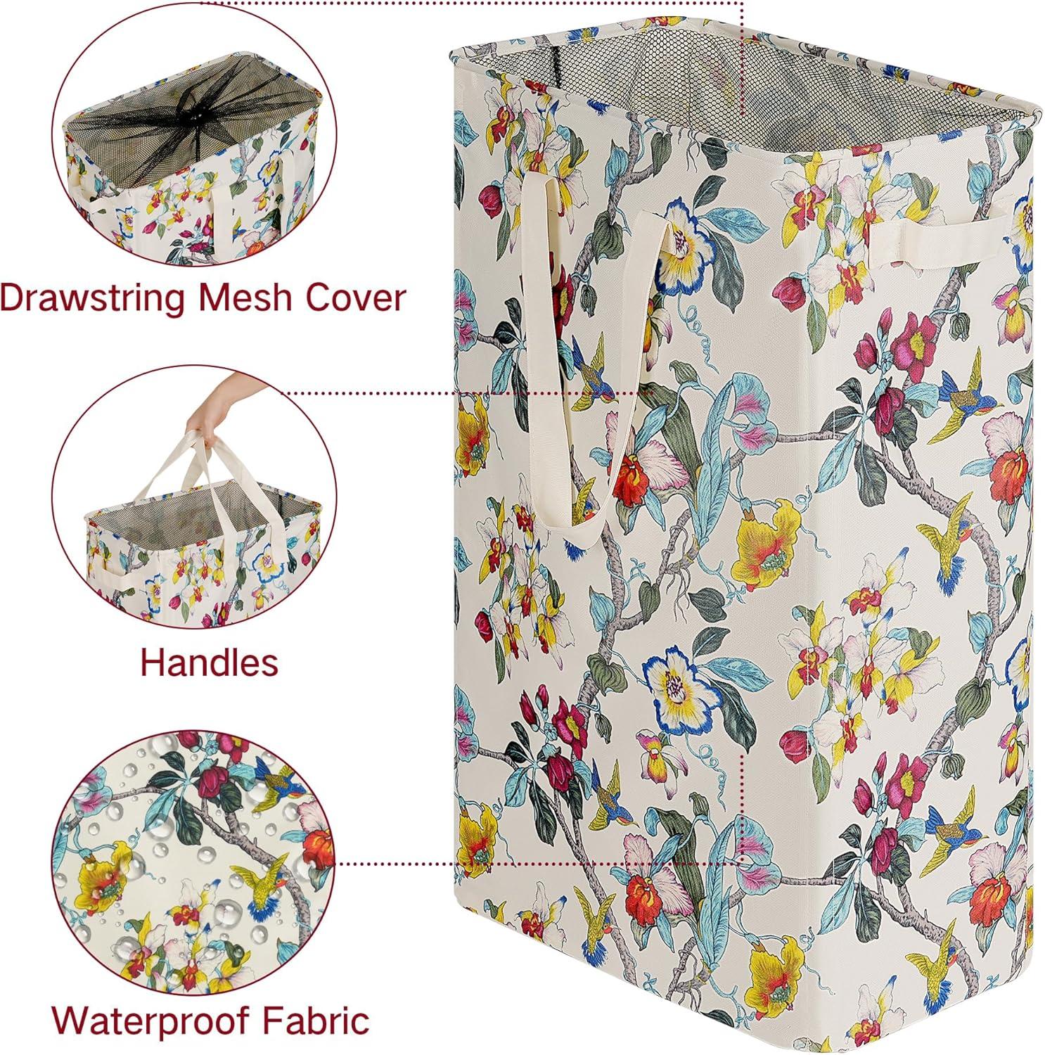 imageefluky Slim Laundry Basket Narrow Laundry Hamper with Handles Collapsible Dirty Clothes Hamper Tall Laundry Bin for Laundry Room Dorm and Bedroom 127 Gallons48L BlackFloral