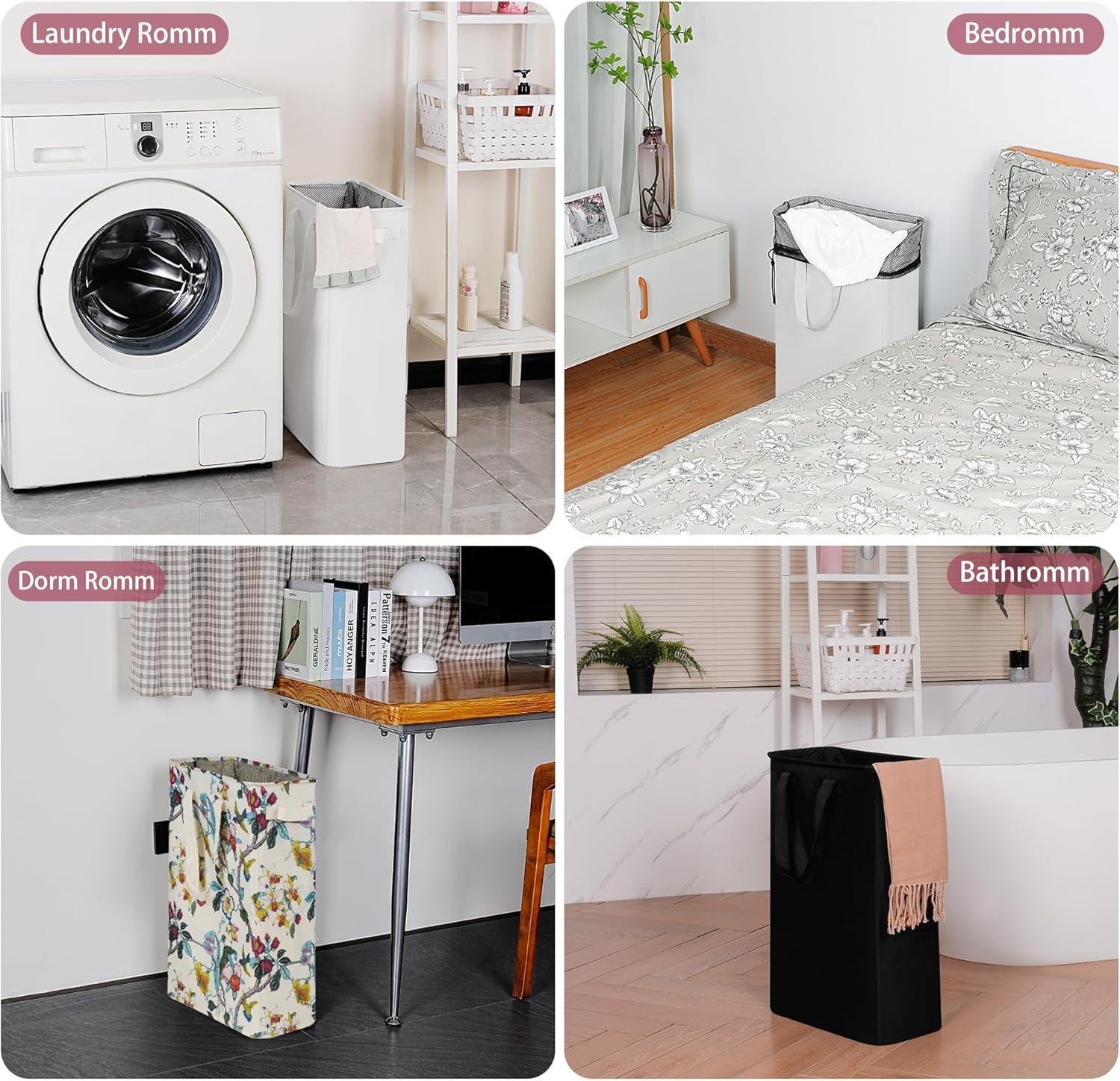 imageefluky Slim Laundry Basket Narrow Laundry Hamper with Handles Collapsible Dirty Clothes Hamper Tall Laundry Bin for Laundry Room Dorm and Bedroom 127 Gallons48L BlackFloral